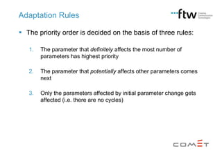 Adaptation Rules
 The priority order is decided on the basis of three rules:
1.

The parameter that definitely affects the most number of
parameters has highest priority

2.

The parameter that potentially affects other parameters comes
next

3.

Only the parameters affected by initial parameter change gets
affected (i.e. there are no cycles)

 