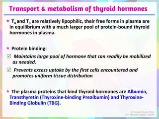 Transport & metabolism of thyroid hormones
 T4 and T3 are relatively lipophilic, their free forms in plasma are
in equilibrium with a much larger pool of protein-bound thyroid
hormones in plasma.
 Protein binding:
 Maintains large pool of hormone that can readily be mobilized
as needed.
 Prevents excess uptake by the first cells encountered and
promotes uniform tissue distribution
 The plasma proteins that bind thyroid hormones are Albumin,
Transthyretin (Thyroxine-binding Prealbumin) and Thyroxine-
Binding Globulin (TBG).
Dr Naveen Kumar Cheri
S.V. Medical College, Tirupati
 