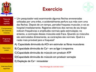 Neurofisiologia do controle motor
Exercício
●
Um pesquisador está examinando algumas flechas envenenadas
utilizadas por uma tribo, e acidentalmente perfura sua mão com uma
das flechas. Depois de um tempo, percebe fraqueza muscular, e vai ao
hospital imediatamente. Registros elétricos dos nervos de seu braço
indicam frequências e amplitudes normais após estimulação; no
entanto, a contração desses músculos está fraca. Quando os músculos
são estimulados diretamente, as contrações são normais. Qual é a
razão mais provável para a fraqueza?
A)A) Capacidade diminuída da ACh em estimular as fibras muscularesCapacidade diminuída da ACh em estimular as fibras musculares
B)B) Capacidade diminuída do CaCapacidade diminuída do Ca2+2+ em se ligar à troponinaem se ligar à troponina
C)C)Capacidade diminuída do músculo em produzir ATPCapacidade diminuída do músculo em produzir ATP
D)D)Capacidade diminuída do músculo em produzir somaçãoCapacidade diminuída do músculo em produzir somação
E)E) Depleção de CaDepleção de Ca2+2+ intracelularintracelular
Hipotálamo
e homeostase
Coneitos
motivacionais
Áreas funcionais
do córtex
Sede
Fome
Sensação e
percepção
Controle
motor
Sistema
comportamental
Componentes
dos sistemas
motores
Tratos da
medula
espinhal
Placa motora
Programas
motores
Neuroeixo
motor
Ciclos
locomotores
Interneurônios
espinhais
Hipotálamo
e homeostase
Coneitos
motivacionais
Áreas funcionais
do córtex
Sede
Fome
Sensação e
percepção
Componentes
dos sistemas
motores
Tratos da
medula
espinhal
Placa motora
Programas
motores
Neuroeixo
motor
Interneurônios
espinhais
 