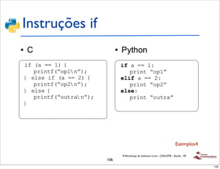 Instruções if




                                                                  Exemplos4

                      II Workshop de Software Livre - CIN/UFPE - Recife - PE
                106
                                                                               106
 