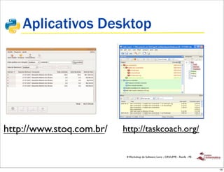 Aplicativos Desktop




http://www.stoq.com.br/   http://taskcoach.org/

                           II Workshop de Software Livre - CIN/UFPE - Recife - PE



                                                                                    14
 