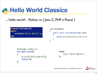 Hello World Classíco
... ‘hello world’ - Python vs { Java, C, PHP e Pascal }




                                      II Workshop de Software Livre - CIN/UFPE - Recife - PE


                                                                                               6
 