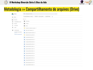 Metodologia >> Compartilhamento de arquivos (Drive)
II Workshop Diversão Séria & Dias da Ada
 