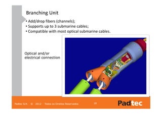 • Add/drop fibers (channels);
• Supports up to 3 submarine cables;
• Compatible with most optical submarine cables.
Branch...