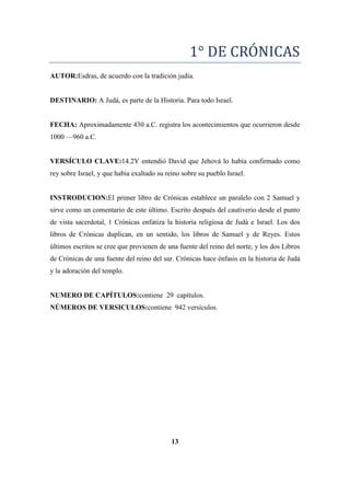 1° DE CRÓNICAS
AUTOR:Esdras, de acuerdo con la tradición judía.
DESTINARIO: A Judá, es parte de la Historia. Para todo Israel.
FECHA: Aproximadamente 430 a.C. registra los acontecimientos que ocurrieron desde
1000 —960 a.C.
VERSÍCULO CLAVE:14.2Y entendió David que Jehová lo había confirmado como
rey sobre Israel, y que había exaltado su reino sobre su pueblo Israel.
INSTRODUCION:El primer libro de Crónicas establece un paralelo con 2 Samuel y
sirve como un comentario de este último. Escrito después del cautiverio desde el punto
de vista sacerdotal, 1 Crónicas enfatiza la historia religiosa de Judá e Israel. Los dos
libros de Crónicas duplican, en un sentido, los libros de Samuel y de Reyes. Estos
últimos escritos se cree que provienen de una fuente del reino del norte, y los dos Libros
de Crónicas de una fuente del reino del sur. Crónicas hace énfasis en la historia de Judá
y la adoración del templo.
NUMERO DE CAPÍTULOS:contiene 29 capítulos.
NÚMEROS DE VERSICULOS:contiene 942 versículos.
13
 