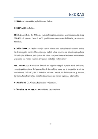 ESDRAS
AUTOR:No establecido, probablemente Esdras.
DESTINARIO:A Judíos.
FECHA: Alrededor del 450 a.C., registra los acontecimientos aproximadamente desde
538–450 a.C. (omite 516–458 a.C.); posiblemente comenzóen Babilonia y terminó en
Jerusalén.
VERSÍCULO CLAVE:9:9 ―Porque siervos somos: más en nuestra servidumbre no nos
ha desamparado nuestro Dios, sino que inclinó sobre nosotros su misericordia delante
de los Reyes de Persia, para que se nos diese vida para levantar la casa de nuestro Dios
y restaurar sus ruinas, y darnos protección en Judá y en Jerusalén‖
INSTRODUCION:Conclusión exitosa del segundo templo a pesar de la oposición;
reconstrucción exitosa de las murallas de Jerusalén a pesar de la oposición; crisis de
matrimonios "mixtos" y de la identidad nacional; interés por la renovación y reforma
del pacto, basado en la ley, entre los desterrados que habían regresado a Jerusalén.
NUMERO DE CAPÍTULOS:contiene 10 capítulos.
NÚMEROS DE VERSICULOS:contiene 280 versículos.
15
 