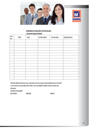  29
DEMİRBAŞVE MALZEMETESLİM BELGESİ
( İşverenin İşçiyeTeslimi)
Sıra
No
TÜRÜ ADET TESLİMTARİHİ TESLİM EDEN İŞÇİNİN İMZASI
           
           
           
           
           
           
           
           
           
           
           
           
           
           
           
Yukarıda dökümü bulunan araç ve gereçleri amacına uygun olarak kullanmak üzere eksiksiz
ve tam olarak imza karşılığı teslim aldım. İşten ayrıldığım takdirde eksiksiz olarak iade
edeceğim.
TESLİM ALAN İŞÇİNİN
ADI SOYADI BÖLÜMÜ GÖREVİ
 