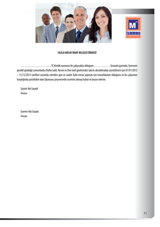  51
FAZLA MESAİ ONAY BELGESİ ÖRNEĞİ
………………………..TCKimliknumarasıileçalışmaktaolduğum……………Unvanlıişyerinde,İşverenin
gerekli gördüğü zamanlarda (Hafta tatili, Resmi ve Dini tatil günlerinde) işlerin aksatılmadan yürütülmesi için 01/01/2013
– 31/12/2013 tarihleri arasında istenilen gün ve saatte fazla mesai yapmak için muvafakatım olduğunu ve bu çalışmam
karşılığında yürürlükte olan İşkanunu çerçevesinde ücretimi almayı kabul ve beyan ederim.
İşçinin Adı Soyadı
İmzası
İşveren Adı Soyadı
İmzası
 