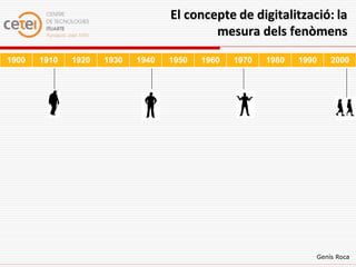 El concepte de digitalització: la
                                           mesura dels fenòmens
1900   1910   1920   1930   1940   1950   1960   1970   1980   1990   2000




                                                                  Genís Roca
 
