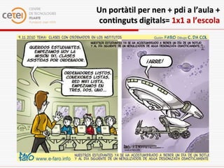 Un portàtil per nen + pdi a l’aula +
continguts digitals= 1x1 a l’escola
 