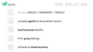 THE SOLUTION
01
02
03
04
05
Ijendu = SPACES + TRANSPORT + TIMEOUT
Complete agenda for personalised vacations
Local businesses benefit
Fit for group bookings
All based on shared-economy
www.ijendu.com
 