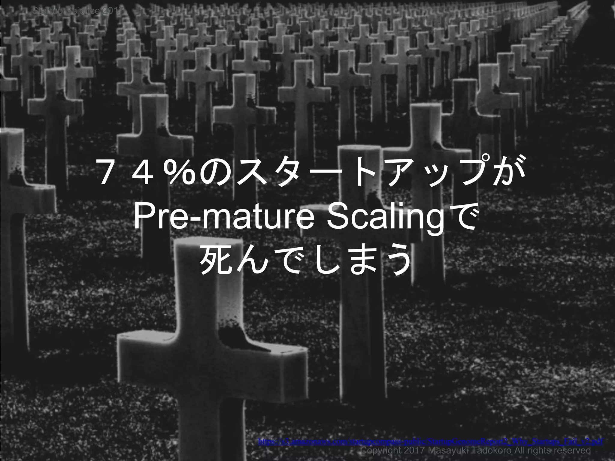 ７４％のスタートアップが
Pre-mature Scalingで
死んでしまう
Copyright 2017 Masayuki Tadokoro All rights reserved
Startup Science 2017
https://s3.amazonaws.com/startupcompass-public/StartupGenomeReport2_Why_Startups_Fail_v2.pdf
 