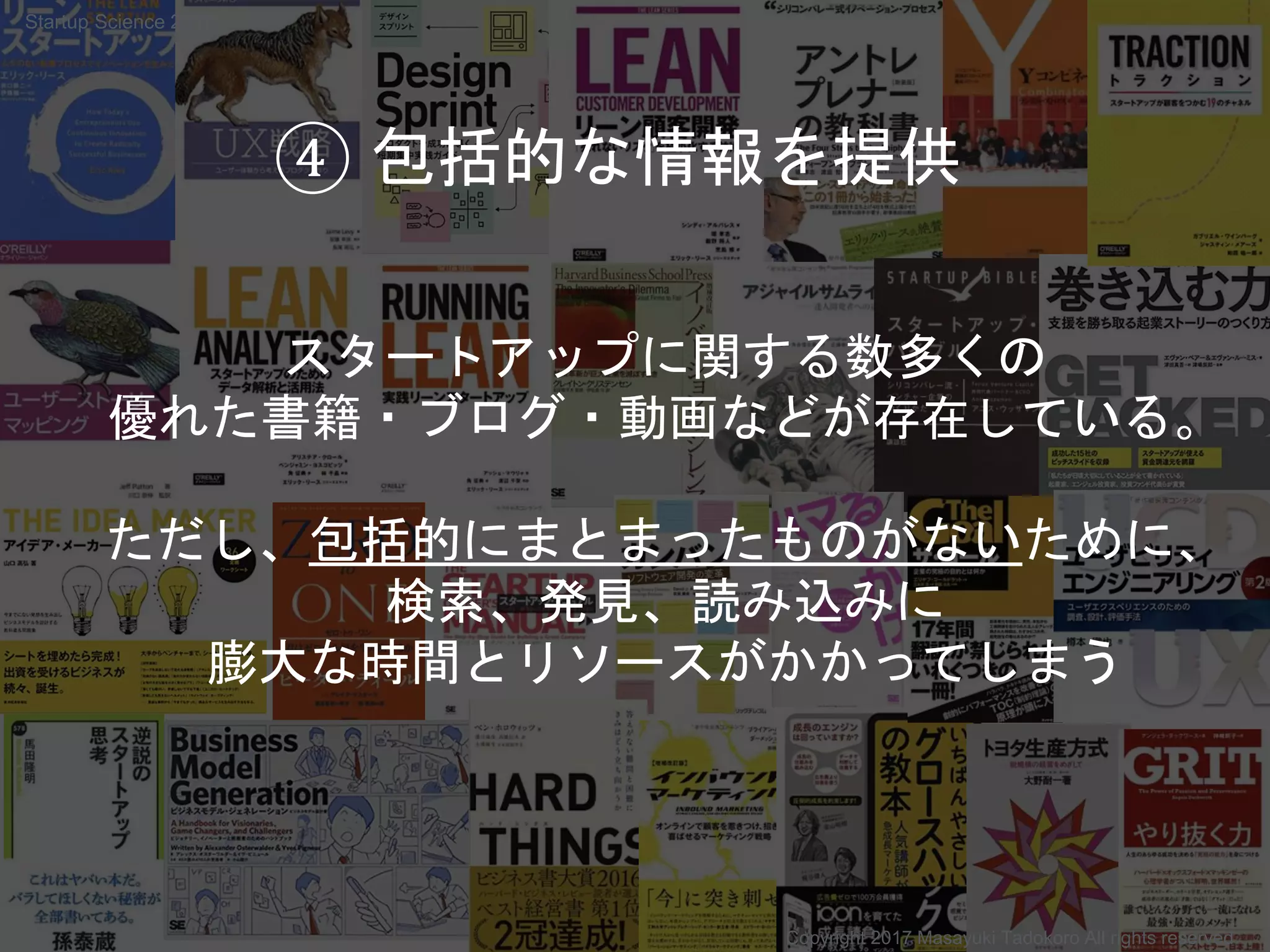 スタートアップに関する数多くの
優れた書籍・ブログ・動画などが存在している。
ただし、包括的にまとまったものがないために、
検索、発見、読み込みに
膨大な時間とリソースがかかってしまう
④ 包括的な情報を提供
Copyright 2017 Masayuki Tadokoro All rights reserved
Startup Science 2017
 