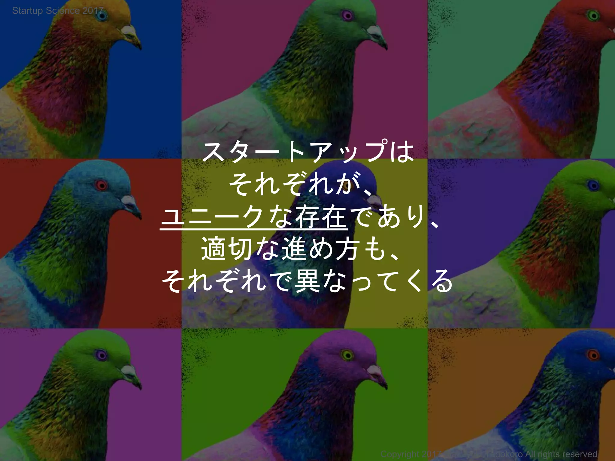 スタートアップは
それぞれが、
ユニークな存在であり、
適切な進め方も、
それぞれで異なってくる
Copyright 2017 Masayuki Tadokoro All rights reserved
Startup Science 2017
 