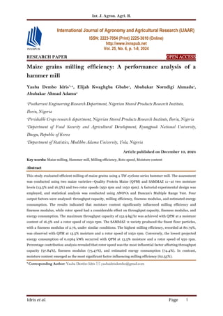 Mill Modulus Maize grains milling efficiency: A performance analysis of a hammer ...