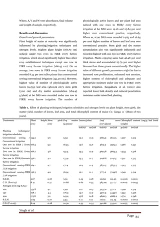 Singh et al.
Page 84
Where, A, V and W were absorbance, final volume
and weight of sample, respectively.
Results and discussion
Growth and growth parameters
Plant height of maize at maturity was significantly
influenced by planting/irrigation techniques and
nitrogen levels. Highest plant height (166.70 cm)
noticed under two rows in FIRB every furrow
irrigation, which stood significantly higher than other
crop establishment techniques except one row in
FIRB every furrow irrigation (166.45 cm). On an
average, two rows in FIRB every furrow irrigation
recorded 8.25 per cent taller plants than conventional
sowing conventional irrigation (154.20 cm). However,
highest value of number of physiologically active
leaves (14.55), leaf area (4612.22 cm2), stem girth
(5.20 cm) and dry matter accumulation (184.45
g/plant) at 60 DAS were recorded under one row in
FIRB/ every furrow irrigation. The number of
physiologically active leaves and per plant leaf area
noticed with one rows in FIRB/ every furrow
irrigation at 60 DAS were 19.26 and 25.84 per cent
higher over conventional practice, respectively.
Where as, at 90 DAS same recorded 24.65 and 26.65
per cent higher number of leaves and leaf area over
conventional practice. Stem girth and dry matter
accumulation also was significantly influenced and
recorded highest with one row in FIRB/ every furrow
irrigation. Plants enjoying same had 46.48 per cent
thick stems and accumulated 23.79 per cent higher
biomass than those grown conventionally. The higher
value of different growth parameters might be due to
increased root proliferation, enhanced root aeration,
higher content of chlorophyll and adequate and
appropriate moisture under one row in FIRB/ every
furrow irrigation. Sangakkara et al. (2010) also
reported lower bulk density and reduced penetration
resistance under raised bed planting.
Table 1. Effect of planting techniques/irrigation schedules and nitrogen levels on plant height, stem girth, dry
matter yield, number of leaves, leaf area, and total chlorophyll content of maize Cv. Ganga 11 (Mean of two
years).
Treatments Plant height
(cm)
Stem girth
(cm)
Dry matter
(g/plant)
Leaves/plant Leaf area
(cm2/plant)
Chlorophyll content (mg/g leaf fresh
weight)
60DAS 90DAS 60DAS 90DAS 30DAS 60DAS
Planting techniques/
irrigation schedules
Conventional sowing /
Conventional irrigation
154.2 3.6 149.1 12.2 10.9 3665.3 3612.5 1.537 1.513
One row in FIRB / Every
furrow irrigation
166.5 5.2 184.5 14.6 13.7 4612.2 4575.4 1.566 1.541
Two row in FIRB/ Every
furrow irrigation
166.7 4.8 157.3 13.5 12.9 3694.8 3663.3 1.543 1.518
One row in FIRB/Alternate
furrow irrigation
156.1 4.2 173.9 13.5 12.7 4298.8 4241.5 1.541 1.515
Conventional sowing-FIRB
/ EF irrigation
164.1 4.7 171.4 12.9 11.9 3832.5 3833.5 1.543 1.515
Conventional sowing-FIRB
/ AF irrigation
156.3 4.0 165.4 12.1 11.1 3773.2 3749.8 1.540 1.514
S.E.M. 2.67 0.18 3.39 0.19 0.18 121.62 119.93 0.0006 0.0011
C. D. (P=0.05) 8.41 0.57 10.68 0.62 0.55 383.09 377.77 0.0019 0.0033
Nitrogen level (Kg N/ha)
100 153.8 4.1 139.1 11.2 10.3 3235.0 3771.1 1.540 1.514
150 168.1 4.4 178.3 14.0 12.9 4570.3 4445.6 1.552 1.526
200 175.8 5.2 195.4 15.8 14.8 4896.5 4686.2 1.574 1.548
S.E.M. 2.83 0.10 3.54 0.11 0.11 116.91 114.23 0.0002 0.0012
C.D. (P=0.05) 8.24 0.28 10.30 0.33 0.33 340.66 333.01 0.0055 0.0025
 