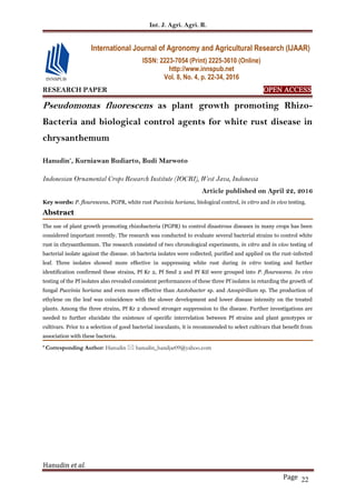 Int. J. Agri. Agri. R.
Hanudin et al.
Page 22
RESEARCH PAPER OPEN ACCESS
Pseudomonas fluorescens as plant growth promoting Rhizo-
Bacteria and biological control agents for white rust disease in
chrysanthemum
Hanudin*
, Kurniawan Budiarto, Budi Marwoto
Indonesian Ornamental Crops Research Institute (IOCRI), West Java, Indonesia
Article published on April 22, 2016
Key words: P. flourescens, PGPR, white rust Puccinia horiana, biological control, in vitro and in vivo testing.
Abstract
The use of plant growth promoting rhizobacteria (PGPR) to control disastrous diseases in many crops has been
considered important recently. The research was conducted to evaluate several bacterial strains to control white
rust in chrysanthemum. The research consisted of two chronological experiments, in vitro and in vivo testing of
bacterial isolate against the disease. 16 bacteria isolates were collected, purified and applied on the rust-infected
leaf. Three isolates showed more effective in suppressing white rust during in vitro testing and further
identification confirmed these strains, Pf Kr 2, Pf Smd 2 and Pf Ktl were grouped into P. flourescens. In vivo
testing of the Pf isolates also revealed consistent performances of these three Pf isolates in retarding the growth of
fungal Puccinia horiana and even more effective than Azotobacter sp. and Azospirilium sp. The production of
ethylene on the leaf was coincidence with the slower development and lower disease intensity on the treated
plants. Among the three strains, Pf Kr 2 showed stronger suppression to the disease. Further investigations are
needed to further elucidate the existence of specific interrelation between Pf strains and plant genotypes or
cultivars. Prior to a selection of good bacterial inoculants, it is recommended to select cultivars that benefit from
association with these bacteria.
* Corresponding Author: Hanudin  hanudin_handjar09@yahoo.com
International Journal of Agronomy and Agricultural Research (IJAAR)
ISSN: 2223-7054 (Print) 2225-3610 (Online)
http://www.innspub.net
Vol. 8, No. 4, p. 22-34, 2016
 