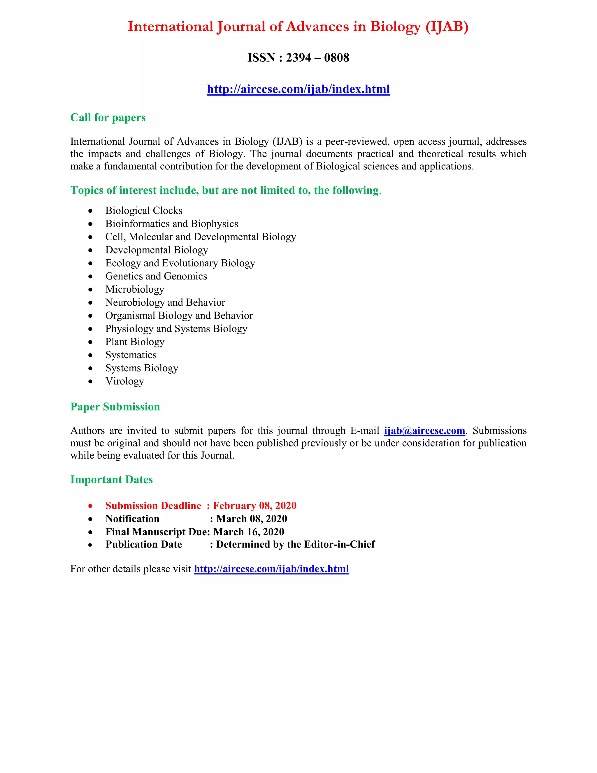 International Journal of Advances in Biology (IJAB) PDF