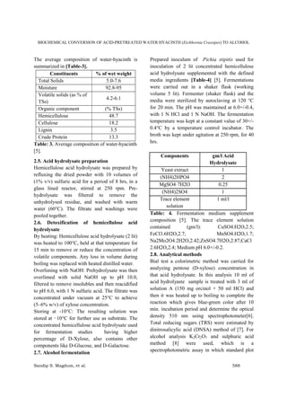 BIOCHEMICAL CONVERSION OF ACID-PRETREATED WATER HYACINTH (Eichhornia Crassipes) TO ALCOHOL
Sandip S. Magdum, et al. 588
The average composition of water-hyacinth is
summarized in [Table-3].
Constituents % of wet weight
Total Solids 5.0-7.6
Moisture 92.8-95
Volatile solids (as % of
TSs)
4.2-6.1
Organic component (% TSs)
Hemicellulose 48.7
Cellulose 18.2
Lignin 3.5
Crude Protein 13.3
Table: 3. Average composition of water-hyacinth
[5].
2.5. Acid hydrolysate preparation
Hemicellulose acid hydrolysate was prepared by
refluxing the dried powder with 10 volumes of
(1% v/v) sulfuric acid for a period of 8 hrs, in a
glass lined reactor, stirred at 250 rpm. Pre-
hydrolysate was filtered to remove the
unhydrolysed residue, and washed with warm
water (60°C). The filtrate and washings were
pooled together.
2.6. Detoxification of hemicellulose acid
hydrolysate
By heating: Hemicellulose acid hydrolysate (2 lit)
was heated to 100°C, held at that temperature for
15 min to remove or reduce the concentration of
volatile components. Any loss in volume during
boiling was replaced with heated distilled water.
Overliming with NaOH: Prehydrolysate was then
overlimed with solid NaOH up to pH 10.0,
filtered to remove insolubles and then reacidified
to pH 6.0, with 1 N sulfuric acid. The filtrate was
concentrated under vacuum at 25°C to achieve
(5–6% w/v) of xylose concentration.
Storing at -10°C: The resulting solution was
stored at −10°C for further use as substrate. The
concentrated hemicellulose acid hydrolysate used
for fermentation studies having higher
percentage of D-Xylose, also contains other
components like D-Glucose, and D-Galactose.
2.7. Alcohol fermentation
Prepared inoculum of Pichia stipitis used for
inoculation of 2 lit concentrated hemicellulose
acid hydrolysate supplemented with the defined
media ingredients [Table-4] [5]. Fermentations
were carried out in a shaker flask (working
volume 5 lit). Fermenter (shaker flask) and the
media were sterilized by autoclaving at 120 °C
for 20 min. The pH was maintained at 6.0+/-0.4,
with 1 N HCl and 1 N NaOH. The fermentation
temperature was kept at a constant value of 30+/-
0.4°C by a temperature control incubator. The
broth was kept under agitation at 250 rpm, for 40
hrs.
Components gm/l Acid
Hydrolysate
Yeast extract 1
(NH4)2HPO4 2
MgSO4·7H2O 0.25
(NH4)2SO4 1
Trace element
solution
1 ml/l
Table: 4. Fermentation medium supplement
composition [5]. The trace element solution
contained (gm/l): CuSO4.H2O,2.5;
FeCl3.6H2O,2.7; MnSO4.H2O,1.7;
Na2Mo2O4.2H2O,2.42;ZnSO4.7H2O,2.87;CaCl
2.6H2O,2.4; Medium pH 6.0+/-0.2.
2.8. Analytical methods
Bial test a colorimetric method was carried for
analyzing pentose (D-xylose) concentration in
that acid hydrolysate. In this analysis 10 ml of
acid hydrolyaste sample is treated with 3 ml of
solution A (150 mg orcinol + 50 ml HCl) and
then it was heated up to boiling to complete the
reaction which gives blue-green color after 10
min. incubation period and determine the optical
density 510 nm using spectrophotometer[6].
Total reducing sugars (TRS) were estimated by
dinitrosalicylic acid (DNSA) method of [7]. For
alcohol analysis K2Cr2O7 and sulphuric acid
method [8] were used, which is a
spectrophotometric assay in which standard plot
 