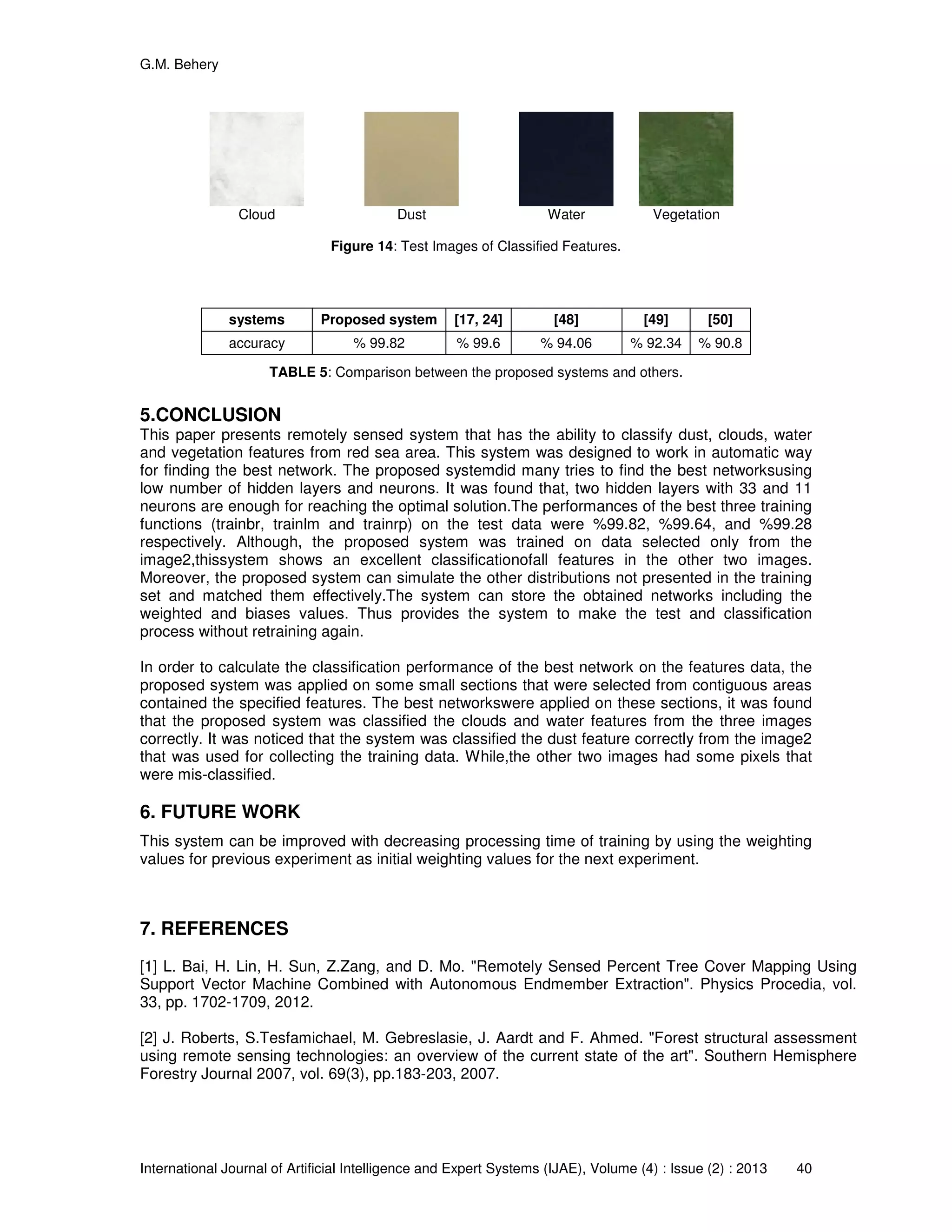 G.M. Behery
International Journal of Artificial Intelligence and Expert Systems (IJAE), Volume (4) : Issue (2) : 2013 40
Cloud Dust Water Vegetation
Figure 14: Test Images of Classified Features.
systems Proposed system [17, 24] [48] [49] [50]
accuracy % 99.82 % 99.6 % 94.06 % 92.34 % 90.8
TABLE 5: Comparison between the proposed systems and others.
5.CONCLUSION
This paper presents remotely sensed system that has the ability to classify dust, clouds, water
and vegetation features from red sea area. This system was designed to work in automatic way
for finding the best network. The proposed systemdid many tries to find the best networksusing
low number of hidden layers and neurons. It was found that, two hidden layers with 33 and 11
neurons are enough for reaching the optimal solution.The performances of the best three training
functions (trainbr, trainlm and trainrp) on the test data were %99.82, %99.64, and %99.28
respectively. Although, the proposed system was trained on data selected only from the
image2,thissystem shows an excellent classificationofall features in the other two images.
Moreover, the proposed system can simulate the other distributions not presented in the training
set and matched them effectively.The system can store the obtained networks including the
weighted and biases values. Thus provides the system to make the test and classification
process without retraining again.
In order to calculate the classification performance of the best network on the features data, the
proposed system was applied on some small sections that were selected from contiguous areas
contained the specified features. The best networkswere applied on these sections, it was found
that the proposed system was classified the clouds and water features from the three images
correctly. It was noticed that the system was classified the dust feature correctly from the image2
that was used for collecting the training data. While,the other two images had some pixels that
were mis-classified.
6. FUTURE WORK
This system can be improved with decreasing processing time of training by using the weighting
values for previous experiment as initial weighting values for the next experiment.
7. REFERENCES
[1] L. Bai, H. Lin, H. Sun, Z.Zang, and D. Mo. "Remotely Sensed Percent Tree Cover Mapping Using
Support Vector Machine Combined with Autonomous Endmember Extraction". Physics Procedia, vol.
33, pp. 1702-1709, 2012.
[2] J. Roberts, S.Tesfamichael, M. Gebreslasie, J. Aardt and F. Ahmed. "Forest structural assessment
using remote sensing technologies: an overview of the current state of the art". Southern Hemisphere
Forestry Journal 2007, vol. 69(3), pp.183-203, 2007.
 