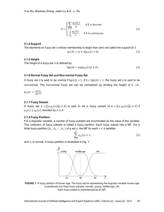 Yue Wu, Biaobiao Zhang, Jiabin Lu & K. -L. Du
International Journal of Artificial Intelligence and Expert Systems (IJAE), Volume (2) : Issue (2) : 2011 49
𝐴 =
𝜇 𝐴(𝑥𝑖)
𝑥𝑖
𝑥 𝑖∈𝑋
, if 𝑋 is discrete
𝜇 𝐴(𝑥)
𝑥𝑋
, if 𝑋 is continuous
. (2)
2.1.4 Support
The elements on fuzzy set 𝐴 whose membership is larger than zero are called the support of 𝐴
sp 𝐴 = 𝑥 ∈ 𝐴 𝜇 𝐴 𝑥 > 0 . (3)
2.1.5 Height
The height of a fuzzy set 𝐴 is defined by
hgt 𝐴 = sup 𝜇 𝐴 𝑥 𝑥 ∈ 𝑋 . (4)
2.1.6 Normal Fuzzy Set and Non-normal Fuzzy Set
A fuzzy set 𝐴 is said to be normal if hgt(𝐴) = 1. If 0 < hgt(𝐴) < 1, the fuzzy set 𝐴 is said to be
non-normal. The non-normal fuzzy set can be normalized by dividing the height of 𝐴, i.e.,
𝜇 𝐴(𝑥) =
𝜇 𝐴 (𝑥)
hgt (𝐴)
.
2.1.7 Fuzzy Subset
A fuzzy set 𝐴 = 𝑥, 𝜇 𝐴 𝑥 𝑥 ∈ 𝑋 is said to be a fuzzy subset of 𝐵 = 𝑥, 𝜇 𝐵 𝑥 𝑥 ∈ 𝑋 if
𝜇 𝐴 𝑥 ≤ 𝜇 𝐵 𝑥 , denoted by 𝐴 ⊆ 𝐵.
2.1.8 Fuzzy Partition
For a linguistic variable, a number of fuzzy subsets are enumerated as the value of the variable.
This collection of fuzzy subsets is called a fuzzy partition. Each fuzzy subset has a MF. For a
finite fuzzy partition {𝐴1, 𝐴2, ⋯ , 𝐴 𝑛 } of a set 𝐴, the MF for each 𝑥 ∈ 𝐴 satisfies
𝜇 𝐴 𝑖
𝑥 = 1
𝑛
𝑖=1
, (5)
and 𝐴𝑖 is normal. A fuzzy partition is illustrated in Fig. 1.
FIGURE 1: A fuzzy partition of human age. The fuzzy set for representing the linguistic variable human age
is partitioned into three fuzzy subsets, namely, young, middle-age, old.
Each fuzzy subset is characterized by an MF.
 