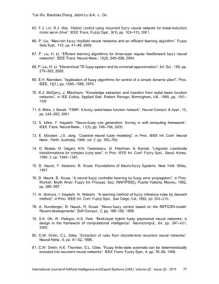 Yue Wu, Biaobiao Zhang, Jiabin Lu & K. -L. Du
International Journal of Artificial Intelligence and Expert Systems (IJAE), Volume (2) : Issue (2) : 2011 77
65. F.J. Lin, R.J. Wai. ―Hybrid control using recurrent fuzzy neural network for linear-induction
motor servo drive‖. IEEE Trans. Fuzzy Syst., 9(1), pp. 102–115, 2001.
66. P. Liu. ―Max-min fuzzy Hopfield neural networks and an efficient learning algorithm‖. Fuzzy
Sets Syst., 112, pp. 41–49, 2000.
67. P. Liu, H. Li. ―Efficient learning algorithms for three-layer regular feedforward fuzzy neural
networks‖. IEEE Trans. Neural Netw., 15(3), 545–558, 2004.
68. P. Liu, H. Li. ―Hierarchical TS fuzzy system and its universal approximation‖. Inf. Sci., 169, pp.
279–303, 2005.
69. E.H. Mamdani. ―Application of fuzzy algorithms for control of a simple dynamic plant‖. Proc.
IEEE, 12(1), pp. 1585–1588, 1974.
70. K.J. McGarry, J. MacIntyre. ―Knowledge extraction and insertion from radial basis function
networks‖, in IEE Colloq. Applied Stat. Pattern Recogn, Birmingham, UK, 1999, pp. 15/1–
15/6
71. S. Mitra, J. Basak. ―FRBF: A fuzzy radial basis function network‖. Neural Comput. & Appl., 10,
pp. 244–252, 2001.
72. S. Mitra, Y. Hayashi. ―Neuro-fuzzy rule generation: Survey in soft computing framework‖.
IEEE Trans. Neural Netw., 11(3), pp. 748–768, 2000.
73. E. Mizutani, J.S. Jang. ―Coactive neural fuzzy modeling‖, in Proc. IEEE Int. Conf. Neural
Netw., Perth, Australia, 1995, vol. 2, pp. 760–765.
74. D. Moses, O. Degani, H.N. Teodorescu, M. Friedman, A. Kandel. ―Linguistic coordinate
transformations for complex fuzzy sets‖, in Proc. IEEE Int. Conf. Fuzzy Syst., Seoul, Korea,
1999, 3, pp. 1340–1345.
75. D. Nauck, F. Klawonn, R. Kruse. Foundations of Neuro-fuzzy Systems. New York: Wiley,
1997.
76. D. Nauck, R. Kruse. ―A neural fuzzy controller learning by fuzzy error propagation‖, in Proc.
Worksh. North Amer. Fuzzy Inf. Process. Soc. (NAFIPS92), Puerto Vallarta, Mexico, 1992,
pp. 388–397.
77. H. Nomura, I. Hayashi, N. Wakami. ―A learning method of fuzzy inference rules by descent
method‖, in Proc. IEEE Int. Conf. Fuzzy Syst., San Diego, CA, 1992, pp. 203–210.
78. A. Nurnberger, D. Nauck, R. Kruse. ―Neuro-fuzzy control based on the NEFCON-model:
Recent developments‖. Soft Comput., 2, pp. 168–182, 1999.
79. S.K. Oh, W. Pedrycz, H.S. Park. ―Multi-layer hybrid fuzzy polynomial neural networks: A
design in the framework of computational intelligence‖. Neurocomput., 64, pp. 397–431,
2005.
80. C.W. Omlin, C.L. Giles. ―Extraction of rules from discrete-time recurrent neural networks‖.
Neural Netw., 9, pp. 41–52, 1996.
81. C.W. Omlin, K.K. Thornber, C.L. Giles. ―Fuzzy finite-state automata can be deterministically
encoded into recurrent neural networks‖. IEEE Trans. Fuzzy Syst., 6, pp. 76–89, 1998.
 
