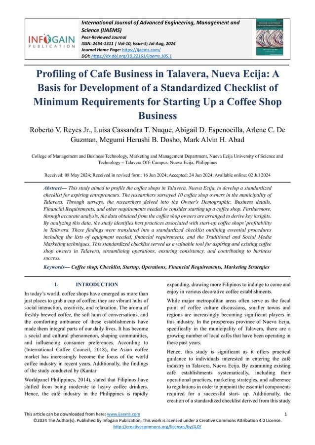 Profiling of Cafe Business in Talavera, Nueva Ecija A Basis for