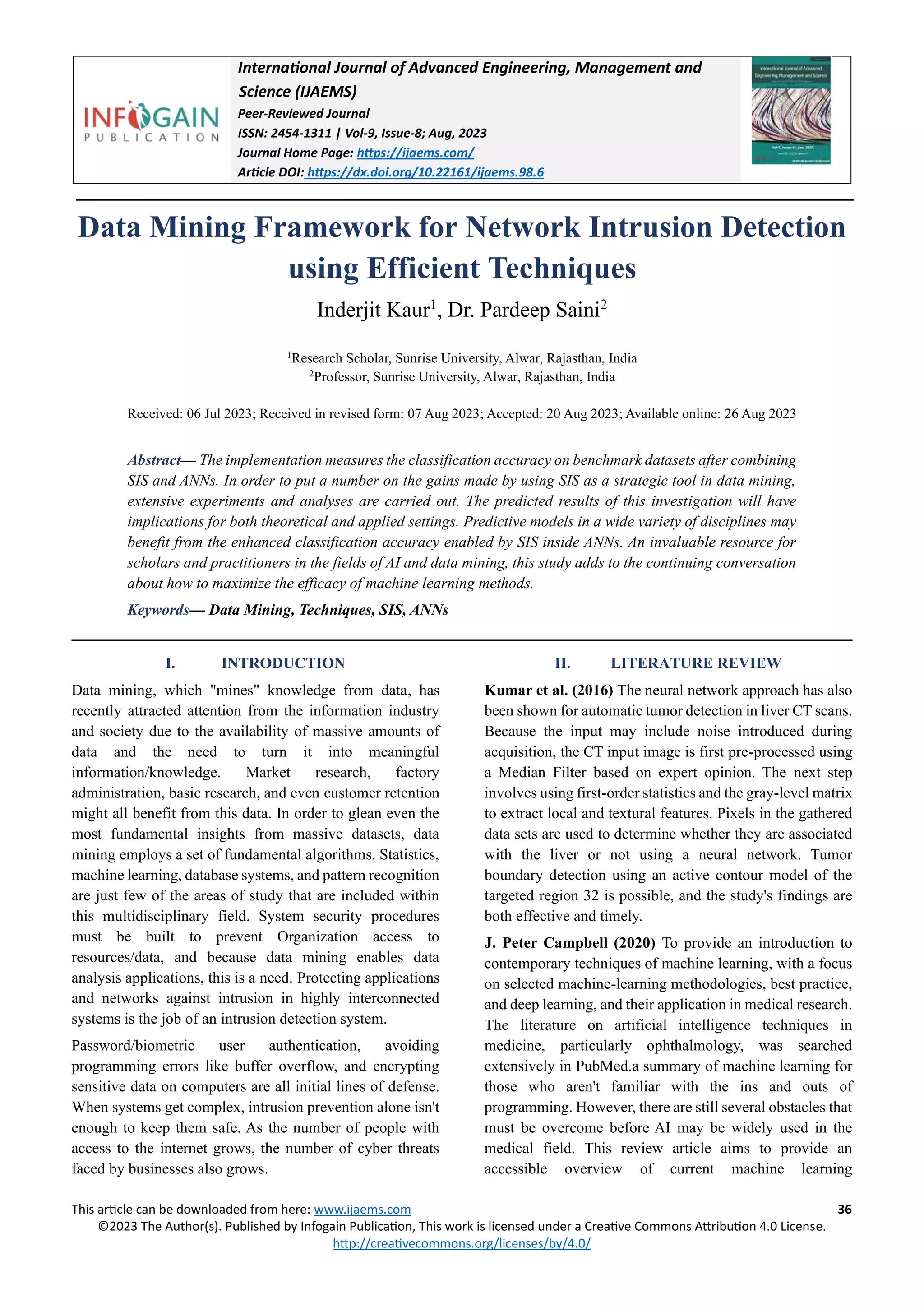 Data Mining Framework for Network Intrusion Detection using Efficient ...