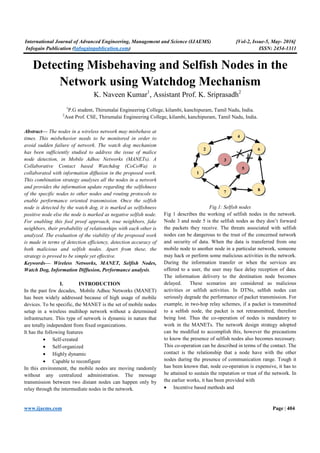 International Journal of Advanced Engineering, Management and Science (IJAEMS) [Vol-2, Issue-5, May- 2016]
Infogain Publication (Infogainpublication.com) ISSN: 2454-1311
www.ijaems.com Page | 404
Detecting Misbehaving and Selfish Nodes in the
Network using Watchdog Mechanism
K. Naveen Kumar1
, Assistant Prof. K. Sriprasadh2
1
P.G student, Thirumalai Engineering College, kilambi, kanchipuram, Tamil Nadu, India.
2
Asst Prof. CSE, Thirumalai Engineering College, kilambi, kanchipuram, Tamil Nadu, India.
Abstract— The nodes in a wireless network may misbehave at
times. This misbehavior needs to be monitored in order to
avoid sudden failure of network. The watch dog mechanism
has been sufficiently studied to address the issue of malice
node detection, in Mobile Adhoc Networks (MANETs). A
Collaborative Contact based Watchdog (CoCoWa) is
collaborated with information diffusion in the proposed work.
This combination strategy analyses all the nodes in a network
and provides the information update regarding the selfishness
of the specific nodes to other nodes and routing protocols to
enable performance oriented transmission. Once the selfish
node is detected by the watch dog, it is marked as selfishness
positive node else the node is marked as negative selfish node.
For enabling this fool proof approach, true neighbors, fake
neighbors, their probability of relationships with each other is
analyzed. The evaluation of the viability of the proposed work
is made in terms of detection efficiency, detection accuracy of
both malicious and selfish nodes. Apart from these, the
strategy is proved to be simple yet effective.
Keywords— Wireless Networks, MANET, Selfish Nodes,
Watch Dog, Information Diffusion, Performance analysis.
I. INTRODUCTION
In the past few decades, Mobile Adhoc Networks (MANET)
has been widely addressed because of high usage of mobile
devices. To be specific, the MANET is the set of mobile nodes
setup in a wireless multihop network without a determined
infrastructure. This type of network is dynamic in nature that
are totally independent from fixed organizations.
It has the following features
• Self-created
• Self-organized
• Highly dynamic
• Capable to reconfigure
In this environment, the mobile nodes are moving randomly
without any centralized administration. The message
transmission between two distant nodes can happen only by
relay through the intermediate nodes in the network.
Fig.1: Selfish nodes
Fig 1 describes the working of selfish nodes in the network.
Node 3 and node 5 is the selfish nodes as they don’t forward
the packets they receive. The threats associated with selfish
nodes can be dangerous to the trust of the concerned network
and security of data. When the data is transferred from one
mobile node to another node in a particular network, someone
may hack or perform some malicious activities in the network.
During the information transfer or when the services are
offered to a user, the user may face delay reception of data.
The information delivery to the destination node becomes
delayed. These scenarios are considered as malicious
activities or selfish activities. In DTNs, selﬁsh nodes can
seriously degrade the performance of packet transmission. For
example, in two-hop relay schemes, if a packet is transmitted
to a selﬁsh node, the packet is not retransmitted, therefore
being lost. Thus the co-operation of nodes is mandatory to
work in the MANETs. The network design strategy adopted
can be modified to accomplish this, however the precautions
to know the presence of selfish nodes also becomes necessary.
This co-operation can be described in terms of the contact. The
contact is the relationship that a node have with the other
nodes during the presence of communication range. Tough it
has been known that, node co-operation is expensive, it has to
be attained to sustain the reputation or trust of the network. In
the earlier works, it has been provided with
• Incentive based methods and
 