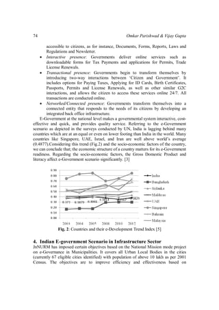 Omkar Parishwad & Vijay Gupta74
accessible to citizens, as for instance, Documents, Forms, Reports, Laws and
Regulations and Newsletter.
 Interactive presence: Governments deliver online services such as
downloadable forms for Tax Payments and applications for Permits, Trade
License Renewals.
 Transactional presence: Governments begin to transform themselves by
introducing two-way interactions between ‘Citizen and Government’. It
includes options for Paying Taxes, Applying for ID Cards, Birth Certificates,
Passports, Permits and License Renewals, as well as other similar G2C
interactions, and allows the citizen to access these services online 24/7. All
transactions are conducted online.
 Networked/Connected presence: Governments transform themselves into a
connected entity that responds to the needs of its citizens by developing an
integrated back office infrastructure.
E-Government at the national level makes a governmental system interactive, cost-
effective and quick, and provides quality service. Referring to the e-Government
scenario as depicted in the surveys conducted by UN, India is lagging behind many
countries which are at an equal or even on lower footing than India in the world. Many
countries like Singapore, UAE, Israel, and Iran are well above world’s average
(0.4877).Considering this trend (Fig.2) and the socio-economic factors of the country,
we can conclude that; the economic structure of a country matters for its e-Government
readiness. Regarding the socio-economic factors, the Gross Domestic Product and
literacy affect e-Government scenario significantly. [3]
Fig. 2: Countries and their e-Development Trend Index [5]
4. Indian E-government Scenario in Infrastructure Sector
JnNURM has imposed certain objectives based on the National Mission mode project
on e-Governance in Municipalities. It covers all Urban Local Bodies in the cities
(currently 67 eligible cities identified) with population of above 10 lakh as per 2001
Census. The objectives are to improve efficiency and effectiveness based on
 