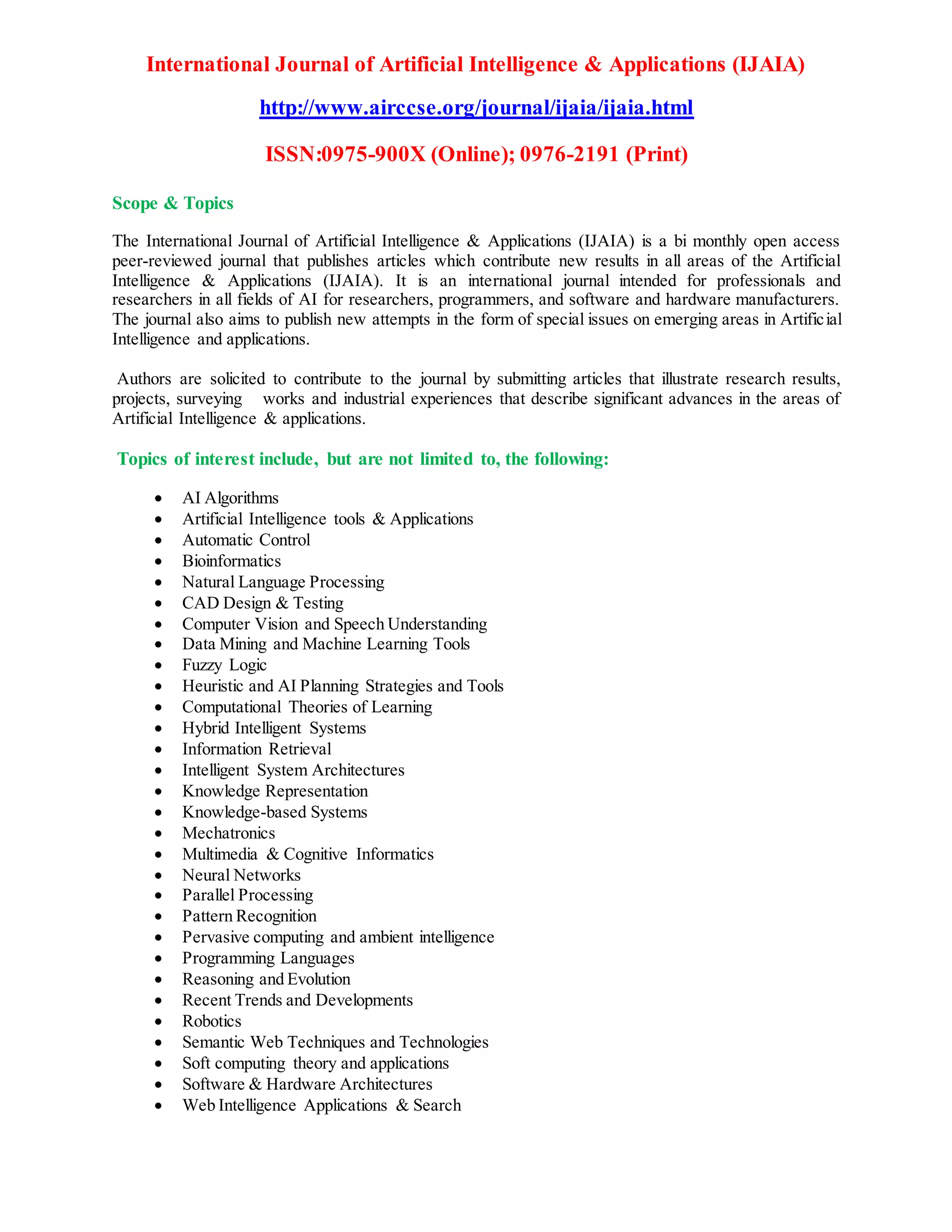 International Journal of Artificial Intelligence & Applications (IJAIA ...