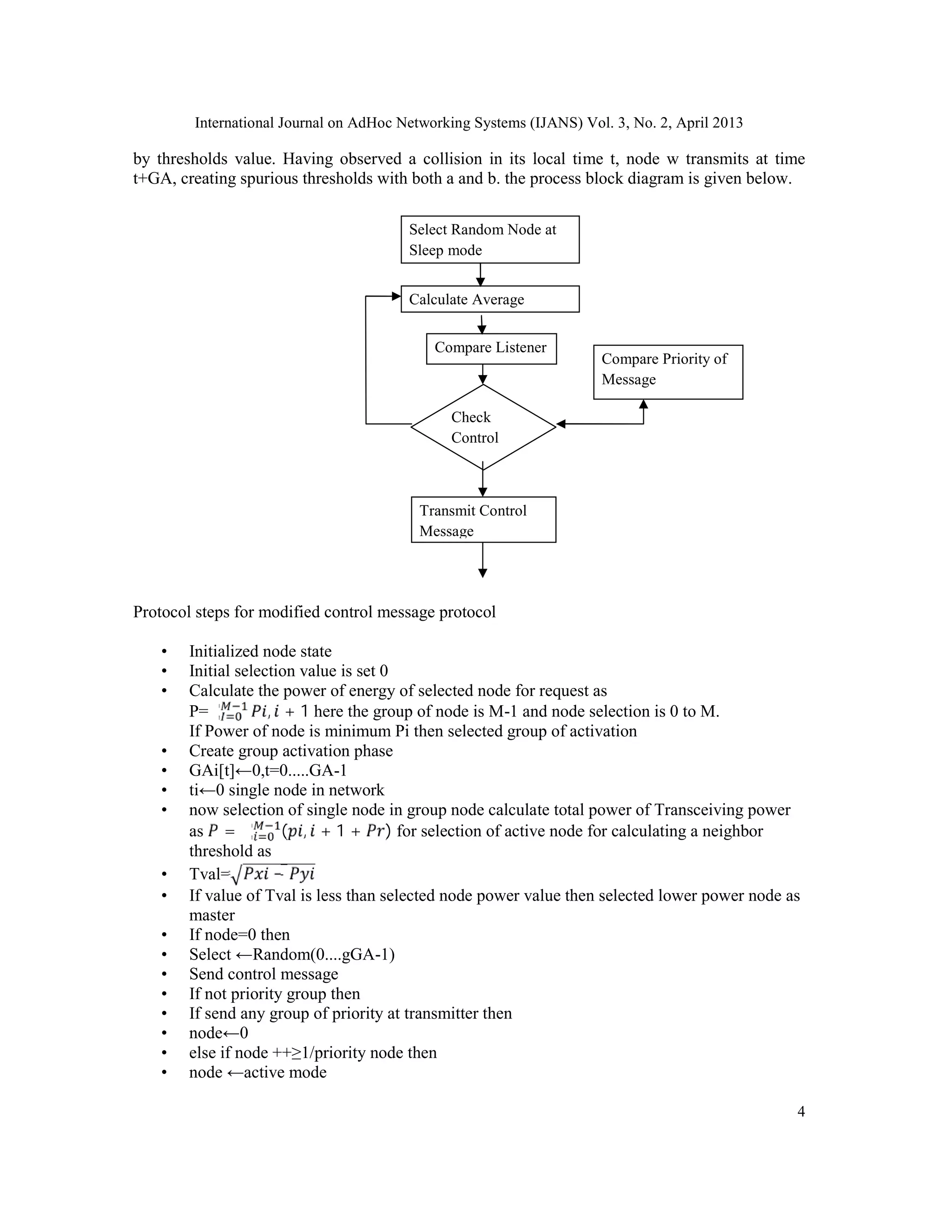 International Journal on AdHoc Networking Systems (IJANS) Vol. 3, No. 2, April 2013
4
by thresholds value. Having observed a collision in its local time t, node w transmits at time
t+GA, creating spurious thresholds with both a and b. the process block diagram is given below.
Protocol steps for modified control message protocol
• Initialized node state
• Initial selection value is set 0
• Calculate the power of energy of selected node for request as
P=∑ , + 1 here the group of node is M-1 and node selection is 0 to M.
If Power of node is minimum Pi then selected group of activation
• Create group activation phase
• GAi[t]←0,t=0.....GA-1
• ti←0 single node in network
• now selection of single node in group node calculate total power of Transceiving power
as = ∑ ( , + 1 + ) for selection of active node for calculating a neighbor
threshold as
• Tval= −
• If value of Tval is less than selected node power value then selected lower power node as
master
• If node=0 then
• Select ←Random(0....gGA-1)
• Send control message
• If not priority group then
• If send any group of priority at transmitter then
• node←0
• else if node ++≥1/priority node then
• node ←active mode
Select Random Node at
Sleep mode
Calculate Average
Threshold Value
Compare Listener
Value
Transmit Control
Message
Check
Control
Message
Compare Priority of
Message
 