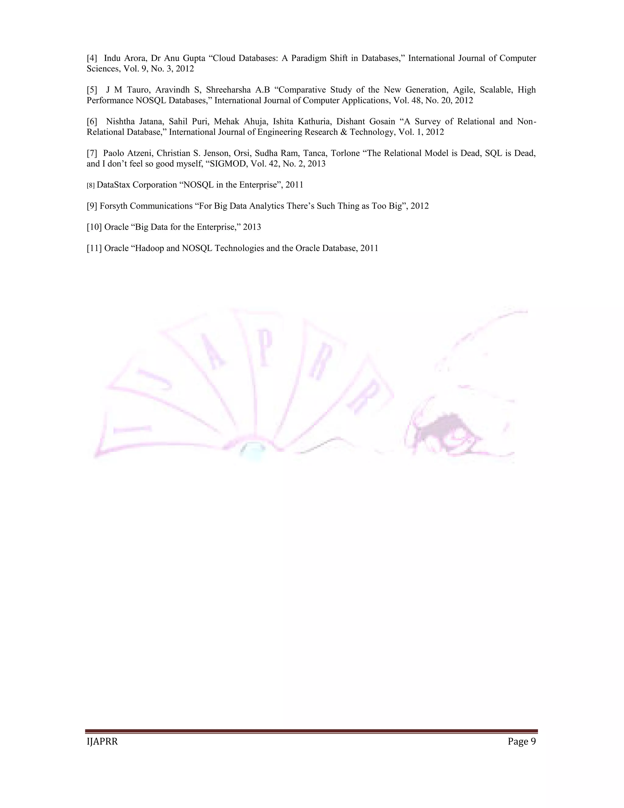 [4] Indu Arora, Dr Anu Gupta “Cloud Databases: A Paradigm Shift in Databases,” International Journal of Computer 
Sciences, Vol. 9, No. 3, 2012 
[5] J M Tauro, Aravindh S, Shreeharsha A.B “Comparative Study of the New Generation, Agile, Scalable, High 
Performance NOSQL Databases,” International Journal of Computer Applications, Vol. 48, No. 20, 2012 
[6] Nishtha Jatana, Sahil Puri, Mehak Ahuja, Ishita Kathuria, Dishant Gosain “A Survey of Relational and Non- 
Relational Database,” International Journal of Engineering Research & Technology, Vol. 1, 2012 
[7] Paolo Atzeni, Christian S. Jenson, Orsi, Sudha Ram, Tanca, Torlone “The Relational Model is Dead, SQL is Dead, 
and I don’t feel so good myself, “SIGMOD, Vol. 42, No. 2, 2013 
[8] DataStax Corporation “NOSQL in the Enterprise”, 2011 
[9] Forsyth Communications “For Big Data Analytics There’s Such Thing as Too Big”, 2012 
[10] Oracle “Big Data for the Enterprise,” 2013 
[11] Oracle “Hadoop and NOSQL Technologies and the Oracle Database, 2011 
IJAPRR Page 9 
