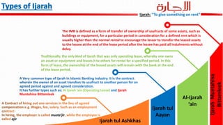 Al Ijarah ’ain (Operating Lease) Ijarah
Muntahina Bittamleek
musta’jir
ajir
Ijarah tul Ashkhas
Ijarah tul
Aayan
Al-Ijarah
‘ain
IjarahMuntahina
Bittamleek
Ijarah: “To give something on rent”
 