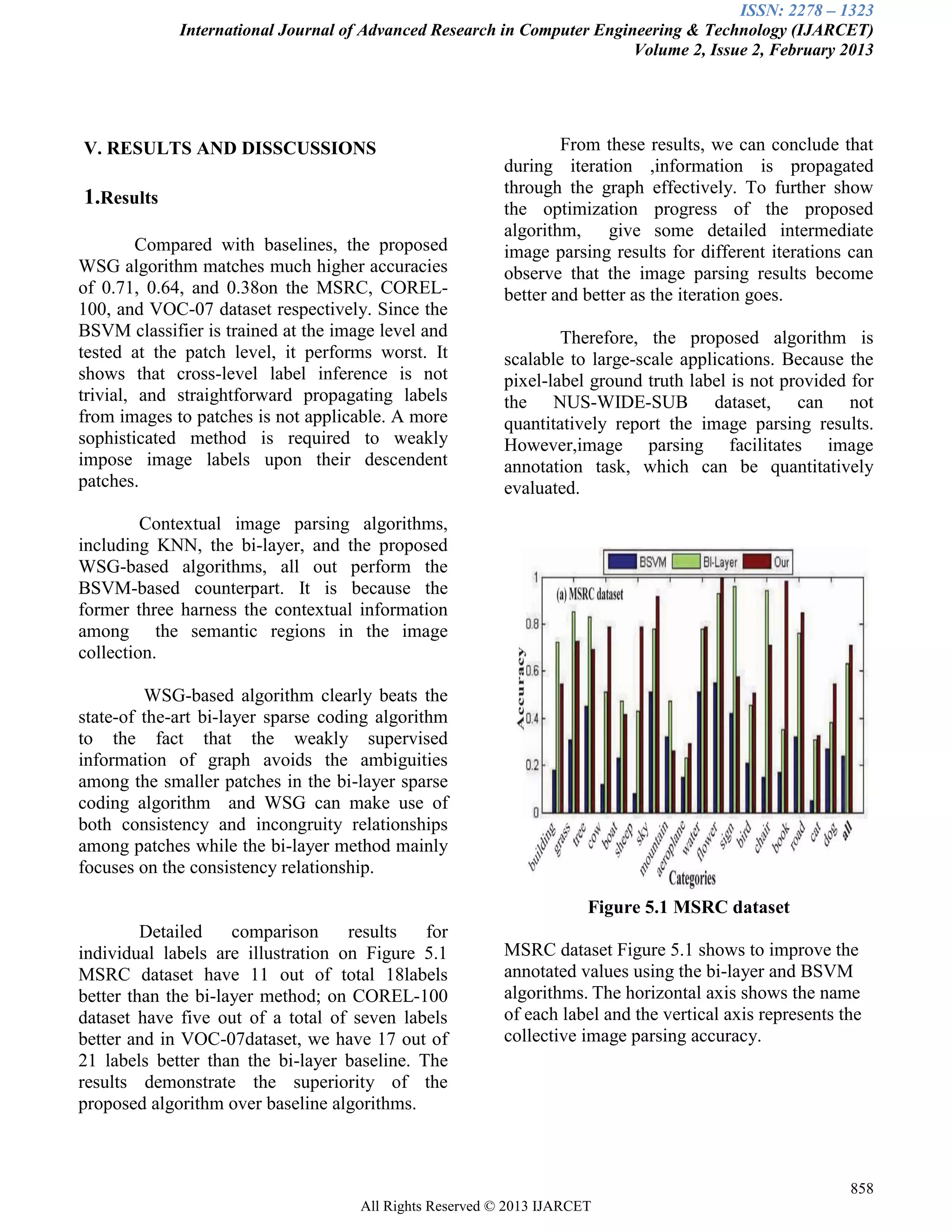 ISSN: 2278 – 1323
International Journal of Advanced Research in Computer Engineering & Technology (IJARCET)
Volume 2, Issue 2, February 2013
858
All Rights Reserved © 2013 IJARCET
V. RESULTS AND DISSCUSSIONS
1.Results
Compared with baselines, the proposed
WSG algorithm matches much higher accuracies
of 0.71, 0.64, and 0.38on the MSRC, COREL-
100, and VOC-07 dataset respectively. Since the
BSVM classifier is trained at the image level and
tested at the patch level, it performs worst. It
shows that cross-level label inference is not
trivial, and straightforward propagating labels
from images to patches is not applicable. A more
sophisticated method is required to weakly
impose image labels upon their descendent
patches.
Contextual image parsing algorithms,
including KNN, the bi-layer, and the proposed
WSG-based algorithms, all out perform the
BSVM-based counterpart. It is because the
former three harness the contextual information
among the semantic regions in the image
collection.
WSG-based algorithm clearly beats the
state-of the-art bi-layer sparse coding algorithm
to the fact that the weakly supervised
information of graph avoids the ambiguities
among the smaller patches in the bi-layer sparse
coding algorithm and WSG can make use of
both consistency and incongruity relationships
among patches while the bi-layer method mainly
focuses on the consistency relationship.
Detailed comparison results for
individual labels are illustration on Figure 5.1
MSRC dataset have 11 out of total 18labels
better than the bi-layer method; on COREL-100
dataset have five out of a total of seven labels
better and in VOC-07dataset, we have 17 out of
21 labels better than the bi-layer baseline. The
results demonstrate the superiority of the
proposed algorithm over baseline algorithms.
From these results, we can conclude that
during iteration ,information is propagated
through the graph effectively. To further show
the optimization progress of the proposed
algorithm, give some detailed intermediate
image parsing results for different iterations can
observe that the image parsing results become
better and better as the iteration goes.
Therefore, the proposed algorithm is
scalable to large-scale applications. Because the
pixel-label ground truth label is not provided for
the NUS-WIDE-SUB dataset, can not
quantitatively report the image parsing results.
However,image parsing facilitates image
annotation task, which can be quantitatively
evaluated.
Figure 5.1 MSRC dataset
MSRC dataset Figure 5.1 shows to improve the
annotated values using the bi-layer and BSVM
algorithms. The horizontal axis shows the name
of each label and the vertical axis represents the
collective image parsing accuracy.
 