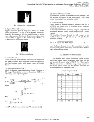 ISSN: 2278 – 1323
International Journal of Advanced Research in Computer Engineering & Technology (IJARCET)
Volume 2, Issue 3, March 2013
940
All Rights Reserved © 2013 IJARCET
Fig 6: Image after Pre-processing
C. Region of Interest Extraction:
Biggest continuous part of image (also known as BLOB-
„Binary linked object‟) of size 80*60 is extracted from binary
image. [9] Here we get the ROI. On this ROI image we applied
canny edge detection algorithm to detect smooth edges. Again
Gaussian filter is applied to this output image. Database of
HGRS consist of these output images.
Fig 7: ROI extracted Image
D. Feature Extraction:
Feature extraction from extracted region reduces computation
and works efficiently while matching feature vectors of real-
time hand gesture images with feature vectors of training
dataset.
Discrete Cosine Transform (DCT)
This is the formula to calculate Discrete Cosine Transform of
2-D image. The definition of the two-dimensional DCT for an
input image A and output image B is:
𝐵𝑝𝑞
= 𝛼 𝑝 𝛼 𝑞 𝐴 𝑚𝑛 cos
𝜋 2𝑚 + 1 𝑝
2𝑀
cos
𝜋 2𝑛 + 1 𝑞
2𝑁
,
0≤𝑞≤𝑁−1
0≤𝑝≤𝑀−1𝑁−1
𝑛=0
𝑀−1
𝑚=0
Where
𝛼 𝑝 =
1
𝑀
, 𝑝 = 0
2
𝑀
, 1 ≤ 𝑝 ≤ 𝑀 − 1
And
𝛼 𝑞 =
1
𝑁
, 𝑞 = 0
2
𝑁
, 1 ≤ 𝑞 ≤ 𝑁 − 1
(1)
M and N are the row and column size of A, respectively. [8]
Edge Oriented Histogram (EOH)
In this method, it counts the number of values in vector x that
fall between theElements in the edges vector (which must
contain monotonically non decreasing values).
D. Feature Matching:
Feature vectors of training images are stored in .mat files of
MATLAB and feature vector of input hand gesture image are
calculated at run time.
In this step feature vector of training image is compared with
the database which is created earlier, using Euclidian Distance
Formula.
[11] Euclidian Distance Formula for 2D image. In the
Euclidean plane, if p = (p1, p2) and q = (q1, q2) then the
distance is given by:
𝑑 𝑝, 𝑞 = (𝑝1 − 𝑞1)2 + (𝑝2 − 𝑞2)2 (2)
Least Euclidian distance is used for recognition of perfect
matching hand gesture. If the image matched with the database
it will produce desired output.
IV. EXPERIMENTAL RESULT
The proposed hand gesture recognition system is tested
with 20 test images. Images are acquired using 16mp web cam
and system is developed using MATLAB 7.11. The result for
different gestures can be calculated using average accuracy of
the gesture results. Based on the proposed algorithm the
recognition results are reported in Table 1.
Table 1: Comparative Study
Gestures DCT EOH
0 2 0
1 2 2
2 2 2
3 2 2
4 2 2
5 2 2
6 1 2
7 2 0
8 2 2
9 1 1
total 18 15
 