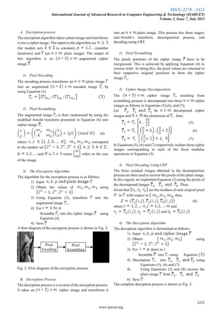 ISSN: 2278 – 1323
International Journal of Advanced Research in Computer Engineering & Technology (IJARCET)
Volume 2, Issue 7, July 2013
2225
www.ijarcet.org
A. Encryption process
The encryption algorithm takes a plain image and transforms
it into a cipher image. The inputs to the algorithm are
(for moduli set), (a constant), (number
iterations) and (an plain image). The output of
this algorithm is an augmented cipher
image .
1) Pixel Encoding
The encoding process transforms an plain image
into an augmented encoded image by
using Equation (3).
2) Pixel Scrambling
The augmented image is then randomised by using the
modified Arnold transform presented in Equation (4) into
cipher image ;
(4)
where correspond
to the moduli set ,
and is vector refers to the size
of the image.
3) The Encryption Algorithm
The algorithm for the encryption process is as follows:
1) Input
2) Obtain the values of using
3) Using Equation (3), transform into the
augmented image .
4) For
Scramble into the cipher image using
Equation (4)
4) Save
A flow diagram of the encryption process is shown in Fig. 2.
Fig. 2. Flow diagram of the encryption process.
B. Decryption Process
The decryption process is a reverse of the encryption process.
It takes an cipher image and transforms it
into an plain image. This process has three stages;
anti-Arnold’s transform, decomposition process, and
decoding using CRT.
1) Pixel Scrambling
The pixels positions of the cipher image have to be
reorganised. This is achieved by applying Equation (4) in
reverse order. In doing this, the pixel values are returned to
their respective original positions to form the cipher
image .
2) Cipher Image Decomposition
The cipher image resulting from
scrambling process is decomposed into three cipher
images as follows in Equations (5),(6), and (7);
Let be decomposed cipher
images and the dimension of then,
(5)
(6)
(7)
In Equations (5), (6) and (7) respectively isolates three cipher
images corresponding to each of the three modulus
operations in Equation (3).
3) Pixel Decoding Using CRT
The three residual images obtained in the decomposition
process are then used to recover the pixels of the plain image.
In this regard, we implement Equation (2) using the pixels of
the decomposed images . Thus;
Given that are the residues of each original pixel
in with respect to then,
(8)
where and
, and
4) The Decryption Algorithm
The decryption algorithm is formulated as follows:
1) Input
2) Obtain using
3) For down to 1
Scramble into using Equation
4) Decompose into using
Equations (5), (6) and (7)
4) Using Equations (2) and (8) recover the
plain image from
6) Save
The complete decryption process is shown in Fig. 3.
Pixel
Encoding
Pixel
Scrambling
 
