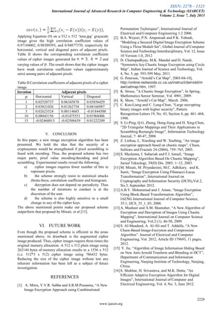 ISSN: 2278 – 1323
International Journal of Advanced Research in Computer Engineering & Technology (IJARCET)
Volume 2, Issue 7, July 2013
2228
www.ijarcet.org
,
Applying Equation (9) on a 512 x 512 ‘lena.jpg’ grayscale
image gives the high correlation coefficient values of
0.97184002, 0.98309393, and 0.94877370, respectively for
horizontal, vertical and diagonal pairs of adjacent pixels.
Table II shows the corresponding correlation coefficient
values of cipher images generated for and
varying values of . The result shows that the cipher images
have weak correlation coefficient values (approximately
zero) among pairs of adjacent pixels.
Table II Correlation coefficients of adjacent pixels of a cipher
image
iteration Adjacent pixels
Horizontal Vertical Diagonal
1 0.02520737 0.06345870 0.03856429
2 0.03821026 0.01262754 0.04166987
3 0.02623524 0.00114685 -0.01844500
10 0.08843156 -0.01475551 0.01968406
15 -0.02460013 -0.02508439 0.01222209
V. CONCLUSION
In this paper, a new image encryption algorithm has been
presented. We hold the idea that the security of a
cryptosystem would be strengthened if pixel scrambling is
fused with encoding. Thus, the proposed scheme has two
major parts; pixel value encoding/decoding and pixel
scrambling. Experimental results reveal the following;
a) cipher images requires fewer number of bits to
represent pixels.
b) the scheme strongly resist to statistical attacks
(brute-force, correlation coefficient and histogram.
c) decryption does not depend on periodicity. Thus
the number of iterations to conduct is at the
discretion of the user.
d) the scheme is also highly sensitive to a small
change in any of the cipher keys.
The above mentioned points make our proposed scheme
outperform that proposed by Minati, et al [13].
VI. FUTURE WORK
Even though the proposed scheme is efficient in the areas
mentioned above, its drawback is the augmented cipher
image produced. Thus, cipher images require three times the
original memory allocation. A 512 x 512 plain image using
262144 bytes of memory allocation results in a 1536 x 512
(i.e. 512*3 x 512) cipher image using 786432 bytes.
Reducing the size of the cipher image without lost any
inherent information has been left as a subject of future
investigation.
REFERENCES
[1] A. Mitra, Y.V.R. Subba and S.R.M Prasanna, “A New
Image Encryption Approach using Combinational
Permutation Techniques”, International Journal of
Electrical and Computer Engineering 1:2 2006.
[2] B.A. Weyori, P.N. Amponsah and P.K. Yeboah,
“Modeling a Secured Digital Image Encryption Scheme
Using a Three Moduli Set”, Global Journal of Computer
Science and TechnologyInterdisciplinary, Vol. 12, Issue
10 Version 1.0, 2012
[3] D. Chattopadhyay, M.K. Mandal and D. Nandi,
“Symmetric key Chaotic Image Encryption using Circle
Map”, Indian Journal of Science and Technology, Vol.
4, No. 5, pp. 593-599 May, 2011.
[4] G. Peterson, “Arnold’s Cat Map”, 2003-04-10],
http://online.redwoods.cc.ca.us/instruct/darnold/m
aw/catmap.htm, 1997.
[5] K. Struss, ”A Chaotic Image Encryption”, In Spring,
Mathematics Senior Seminar, Vol. 4901, 2009.
[6] K. Shaw, “Arnold’s Cat Map”, March 2006.
[7] C. Kuo-Liang and C. Lung-Chun, “Large encrypting
binary images with higher security”, Pattern
Recognition Letters 19, No. 43, Section 4, pp. 461–468,
1998.
[8] S. Li-Ping, Q.G. Zheng, Hong-Jiang and H. Xing-Chen,
“2D Triangular Mappings and Their Applications in
Scrambling Rectangle Image”, Information Technology
Journal, 7: 40-47, 2008.
[9] Z. Linhua, L. Xiaofeng and W. Xuebing, “An image
encryption approach based on chaotic maps”, Chaos,
Solitons and Fractals 24 (2004), 759–765, 2005.
[10]S. Mazleena, I. Subariah and F.I. Ismail, “Image
Encryption Algorithm Based On Chaotic Mapping”,
Jurnal Teknologi, 39(D) Dis. 2003: 1–12, 2003.
[11]M. Minati, M. Priyadarsini, M.C. Adhikary. and K.
Sunit, “Image Encryption Using Fibonacci-Lucas
Transformation”, International Journal on
Cryptography and Information Security (IJCIS),Vol.2,
No.3, September 2012.
[12]A.B.Y. Mohammad and J. Aman, “Image Encryption
Using Block-Based Transformation Algorithm”,
IAENG International Journal of Computer Science,
35:1, IJCS_35_1_03, 2008.
[13]A. Musheer and A.M. Shamsher, “A New Algorithm of
Encryption and Decryption of Images Using Chaotic
Mapping”, International Journal on Computer Science
and Engineering, Vol.2 (1), 46-50, 2009.
[14]S. Al-Maadeed, A. Al-Ali and T. Addalla, “A New
Chaos-Based Image-Encrytion and Compression
Algorithm”. Journal of Electrical and Computer
Engineering, Vol. 2012, Article ID 179693, 11 pages,
2012.
[15] Y. Jie, “Algorithm of Image Information Hiding Based
on New Anti-Arnold Tranform and Blending in DCT”,
Department of Communication and Information
Engineering, Nanjing Institute of Technology, Nanjing,
China.
[16]S. Shekhar, H. Srivastava, and M.K. Dutta, “An
Efficient Adaptive Encryption Algorithm for Digital
Images”, International Journal of Computer and
Electrical Engineering, Vol. 4, No. 3, June 2012.
 