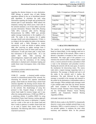 ISSN: 2278 – 1323
International Journal of Advanced Research in Computer Engineering & Technology (IJARCET)
Volume 2, Issue 7, July 2013
2283
www.ijarcet.org
regarding the shortest distance to every destination.
WRP belongs to general class of path finding
algorithms defined as the set of distributed shortest
path algorithms. It calculates the path using
information regarding the length and second-hop the
shortest path to each destination. WRP reduces the
temporary routing loop which occurs. Each node in
the network maintains a set of four tables to provide
accurate information: Distance Table (DT), Routing
Table (RT), Link-cost table (LCT), Message
Retransmission list (MRL). WRP uses periodic
update message transmission to the neighbors of a
node. The nodes in the response list of update
message should send acknowledgements. If there is
no change in the last update the nodes in the response
list should send a Hello Messages to ensure
connectivity. A node can decide to update routing
table after receiving an update message from a
neighbor and always look for better path using new
information. If node gets better path, it relays back
that information to the original nodes. So it can
update their tables. After receiving the
acknowledgement, original node update their MRL.
Thus each time the consistency of the routing
information is checked and it eliminates looping and
enable faster route Convergence when a link failure
occurs.
CLUSTER GATEWAY SWITCH ROUTING
PROTOCOL (CGSR)
CGSR [7] consider a clustered mobile wireless
network is a hierarchical instead of flat network. For
structuring the network into separate interrelated
groups, cluster heads are elected using a cluster head
selection algorithm. By forming several clusters this
protocol achieves a distributed processing mechanism
in the network. One disadvantage of using this
protocol is that, frequent change or selection of
cluster head might be resource hungry and it may
affect the routing performance. CGSR uses DSDV as
a underlying scheme. It modifies DSDV by using
hierarchical Cluster head Gateway routing approach
to route traffic from source to destination. A packet
sent by a node is first sent to the cluster head and
then it sends to gateway to another cluster head and
so on until it reaches from cluster head to the
destination. The following table shows a comparison
of proactive protocols.
Table: I Comparison of Proactive Protocols
Parameters DSDV CGSR WRP
Loop free Yes Yes Yes
Required routing
table
Two Two Four
Critical nodes No Yes No
Utilizes Hello
Messages
Yes No Yes
Routing
Philosophy
Flat Hierarchical Flat
V. REACTIVE PROTOCOLS
The reactive or on demand routing protocols are
based on Query-Reply. In this topology need not to
maintain up-to-date of the network. When a route is
desired, a procedure is invoked to find a route to a
destination. The major goal of this protocol is to
minimize the network traffic overhead. When a need
arises, a reactive protocol invokes a procedure to find
a route to the destination such procedure involves
flooding the network with the route query. In reactive
the mechanism for discovering routes. The source
node emits a request message requesting route to a
destination. The message is flooded and sent to all
the nodes in the network until it reaches the
destination. The path followed by the request
message is recorded in the message and returned to
the sender by the destination or intermediate nodes as
reply messages. When multiple reply messages result
it gets multiple paths from that can choose shortest
path. Some examples of On-Demand Routing
Protocols include: Dynamic Source Routing (DSR),
Ad hoc On-Demand Distance Vector Routing
(AODV), and Temporarily Ordered Routing
Algorithm (TORA).
DYNAMIC SOURCE ROUTING:
DSR [8] allows nodes in the MANET to dynamically
discover a route across multiple network hops to any
destination. DSR is a reactive protocol i.e. it doesn’t
use periodic updates. It computes the route when
necessary and maintains them. In this protocol
 