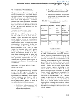ISSN: 2278 – 1323
International Journal of Advanced Research in Computer Engineering & Technology (IJARCET)
Volume 2, Issue 7, July 2013
2285
www.ijarcet.org
VI. HYBRID ROUTING PROTOCOLS
This protocol is a combination of proactive and
reactive routing protocols. It is used to provide
hierarchical routing. The common disadvantage
of hybrid routing protocol is that the nodes that
have high level topological information
maintains more routing information, which leads
to more memory and power consumption.
Hybrid protocol includes: Zone Routing Protocol
(ZRP), Core Extraction Distributed Ad hoc
Routing (CEDAR).
ZONE ROUTING PROTOCOL (ZRP):
ZRP [11] is a hybrid routing protocol for
MANET which localizes the nodes into sub-
networks (Zones). With each zone, proactive
routing is adapted to speed up communication
among neighbors. The inter-zone communication
uses on-demand routing to reduce unnecessary
communication. The network is divided into
zones according to distance between nodes.
Given a hop distance d and a node N, all nodes
with in a hop distance at most d from N belongs
to the routing zone of N. The issue of zone
routing is to determine the size of the zone.
Every node periodically needs to update the
routing information inside the zone. Some local
route optimization is performed at each node,
which includes the following actions: removal of
redundant routes, shortening of routes, detecting
of link failures.
CORE EXTRACTION DISTRIBUTED AD HOC
ROUTING (CEDAR):
CEDAR is a partitioning protocol, integrates
routing with QoS support. Each partition
includes a core node called dominator node. A
dominator set (DS) of a graph is defined as a set
of nodes in the graph such that every node is
either present in DS. The core node uses a
reactive source routing protocol to outline a
source from destination. It has three phases:
1. Establishment and maintenance of self
organizing routing infrastructure to
perform route computations.
2. Propagation of link-states of high-
bandwidth and stable links in the core.
3. A QoS route computation algorithm that
is executed at the core nodes using only
local available states.
Table III: Comparison between three categories of
Routing Protocols
Parameters Proactive Reactive Hybrid
Route
Availability
Always Only
when
needed
Depends on
location of
destination
Routing
Philosophy
Flat Flat Hierarchial
Scalability 100
nodes
>100
nodes
1000 nodes
VII.CONCLUSION
This paper presents a number of routing protocols for
MANET, which are broadly classified as proactive,
reactive and hybrid. Proactive routing protocols tend
to provide lower latency than that of On-demand
protocols, because they try to maintain routes to all
the nodes in the network all the time. Each routing
protocol has unique features. On the other hand,
reactive protocols discover routes only when they are
needed, and still generate amount of traffic when
network changes frequently. Depending on the
network traffic and number of flows, the routing
protocol is chosen.There is congestion in the network
because of traffic reactive protocol is preferable. For
example: AODV, DSR, and OLSR these protocols
are suitable for smaller networks. TORA, ZRP are
suitable for larger networks. When network is static,
proactive routing protocol can be used. Mobility of
nodes in the network increases, reactive protocols
performs better. Often it is more appropriate to apply
a hybrid protocol rather than proactive or reactive as
hybrid protocols often posses the advantages of both
types of protocols.
 