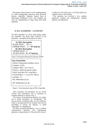 ISSN: 2278 – 1323
International Journal of Advanced Research in Computer Engineering & Technology (IJARCET)
Volume 2, Issue 7, July 2013
2324
www.ijarcet.org
This design scheme focuses on the implementation
of a RSA cryptographic processor using Bit-Serial
Systolic Algorithm. Sushanta Kumar Sahu &
Manoranjan Pradhan[11] have used multiple key
sizes for implementing on fpga using shift &add
algorithm.
II RSA ALGORITHM – A OVERVIEW
The RSA algorithm is a secure, high quality, public
key algorithm. Fig shows steps involved in key
generation , encryption & decryption of system.
Figure 3 Encryption/Decryption Equation of RSA
Figure 4 Key Generation steps of RSA Algorithm
RSA encryption and decryption [6] are mutual
inverses and commutative due to symmetry in
modular arithmetic as shown in fig. 3.
The process of transforming plaintext into cipher
text is called ‘Encryption’ or ‘Enciphering’. The
reverse process of turning cipher text into plaintext,
which is accomplished by the recipient who has the
knowledge to remove the disguise, is called
‘Decryption’ or ‘Deciphering’.
The RSA encryption/decryption is just a modular
exponentiation operation. This mathematical
operation is represented as C=Me mod n [5], where C
is cipher text, M is plain text, e is [10] the public key
exponent, and n is the modulus.
This operation has involved a few modular
operations: modular [8], multiplication, modular
addition, and subtraction.
A) RSA Encryption
• PLAIN TEXT : M < n
• CIPHER TEXT : C = Me
mod (n)
B) RSA Decryption
CIPHER TEXT: C
PLAIN TEXT: M= Cd
mod (n)
Key Generation
• Choose 2 large prime numbers, p & q
• Compute n=p*q
• Compute Φ(n) = (p-1) *(q-1) .
• Choose e, relatively prime to Φ(n).
• Find d, such that e*d=1 mod Φ(n).
(e*d mod Φ(n) = 1 i.e.[ (e*d) / Φ(n) ]
reminder =1)
• The Public key is (n, e).
• The Private key is (n, d),
 