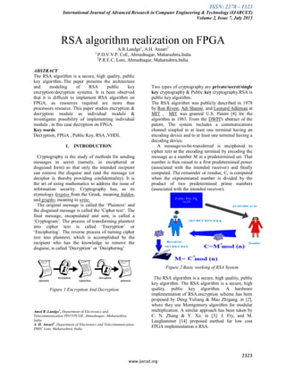 ISSN: 2278 – 1323
International Journal of Advanced Research in Computer Engineering & Technology (IJARCET)
Volume 2, Issue 7, July 2013
2323
www.ijarcet.org
RSA algorithm realization on FPGA
A.R.Landge1
, A.H. Ansari2
1
P.D.V.V.P. CoE, Ahmednagar, Maharashtra,India
2
P.R.E.C, Loni, Ahmednagar, Maharashtra,India.
ABSTRACT
The RSA algorithm is a secure, high quality, public
key algorithm..The paper presents the architecture
and modeling of RSA public key
encryption/decryption systems. It is been observed
that it is difficult to implement RSA algorithm on
FPGA, as resources required are more than
processors resource. This paper studies encryption &
decryption module as individual module &
investigates possibility of implementing individual
module , in this case decryption on FPGA.
Key words
Decryption, FPGA , Public Key, RSA ,VHDL
1. INTRODUCTION
Cryptography is the study of methods for sending
messages in secret (namely, in enciphered or
disguised form) so that only the intended recipient
can remove the disguise and read the message (or
decipher it, thereby providing confidentiality). It is
the art of using mathematics to address the issue of
information security. Cryptography has, as its
etymology kryptos from the Greek, meaning hidden,
and graphy, meaning to write.
The original message is called the ‘Plaintext’ and
the disguised message is called the ‘Cipher text’. The
final message, encapsulated and sent, is called a
‘Cryptogram’. The process of transforming plaintext
into cipher text is called ‘Encryption’ or
‘Enciphering’. The reverse process of turning cipher
text into plaintext, which is accomplished by the
recipient who has the knowledge to remove the
disguise, is called ‘Decryption’ or ‘Deciphering’
Figure 1 Encryption And Decryption
Amol R .Landge1
, Department of Electronics and
Telecommunication PDVVPCOE, Ahmednagar, Maharashtra,
India
A. H. Ansari2
, Department of Electronics and Telecommunication,
PREC Loni, Maharashtra, India
Two types of cryptography are private/secret/single
key cryptography & Public key cryptography.RSA is
public key algorithm.
The RSA algorithm was publicly described in 1978
by Ron Rivest, Adi Shamir, and Leonard Adleman at
MIT , MIT was granted U.S. Patent [4] for the
algorithm in 1983. From the DWPI's abstract of the
patent, The system includes a communications
channel coupled to at least one terminal having an
encoding device and to at least one terminal having a
decoding device.
A message-to-be-transferred is enciphered to
cipher text at the encoding terminal by encoding the
message as a number M in a predetermined set. That
number is then raised to a first predetermined power
(associated with the intended receiver) and finally
computed. The remainder or residue, C, is.computed
when the exponentiated number is divided by the
product of two predetermined prime numbers
(associated with the intended receiver).
Figure 2 Basic working of RSA System
The RSA algorithm is a secure, high quality, public
key algorithm. The RSA algorithm is a secure, high
quality, public key algorithm. A hardware
implementation of RSA.encryption scheme has been
proposed by Deng Yuliang & Mao Zhigang. in [2],
where they use Montgomery algorithm for modular
multiplication. A similar approach has been taken by
C. N. Zhang & Y. Xu. in [3]. J. Fry, and M.
Langhammer [14] proposed method for low cost
FPGA implementation o RSA.
 