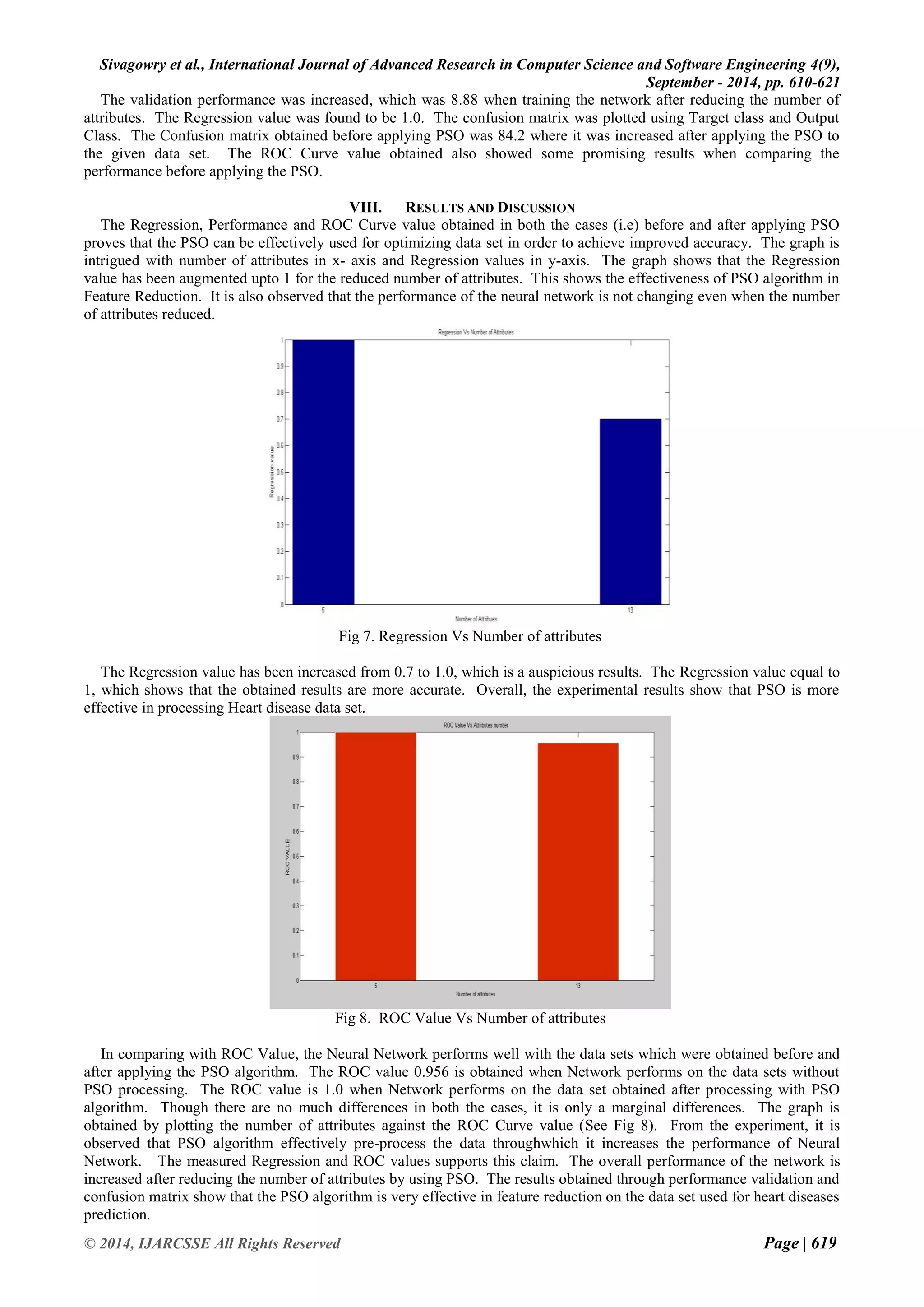 Sivagowry et al., International Journal of Advanced Research in Computer Science and Software Engineering 4(9), 
September - 2014, pp. 610-621 
© 2014, IJARCSSE All Rights Reserved Page | 619 
The validation performance was increased, which was 8.88 when training the network after reducing the number of attributes. The Regression value was found to be 1.0. The confusion matrix was plotted using Target class and Output Class. The Confusion matrix obtained before applying PSO was 84.2 where it was increased after applying the PSO to the given data set. The ROC Curve value obtained also showed some promising results when comparing the performance before applying the PSO. 
VIII. RESULTS AND DISCUSSION 
The Regression, Performance and ROC Curve value obtained in both the cases (i.e) before and after applying PSO proves that the PSO can be effectively used for optimizing data set in order to achieve improved accuracy. The graph is intrigued with number of attributes in x- axis and Regression values in y-axis. The graph shows that the Regression value has been augmented upto 1 for the reduced number of attributes. This shows the effectiveness of PSO algorithm in Feature Reduction. It is also observed that the performance of the neural network is not changing even when the number of attributes reduced. Fig 7. Regression Vs Number of attributes The Regression value has been increased from 0.7 to 1.0, which is a auspicious results. The Regression value equal to 1, which shows that the obtained results are more accurate. Overall, the experimental results show that PSO is more effective in processing Heart disease data set. Fig 8. ROC Value Vs Number of attributes In comparing with ROC Value, the Neural Network performs well with the data sets which were obtained before and after applying the PSO algorithm. The ROC value 0.956 is obtained when Network performs on the data sets without PSO processing. The ROC value is 1.0 when Network performs on the data set obtained after processing with PSO algorithm. Though there are no much differences in both the cases, it is only a marginal differences. The graph is obtained by plotting the number of attributes against the ROC Curve value (See Fig 8). From the experiment, it is observed that PSO algorithm effectively pre-process the data throughwhich it increases the performance of Neural Network. The measured Regression and ROC values supports this claim. The overall performance of the network is increased after reducing the number of attributes by using PSO. The results obtained through performance validation and confusion matrix show that the PSO algorithm is very effective in feature reduction on the data set used for heart diseases prediction.  
