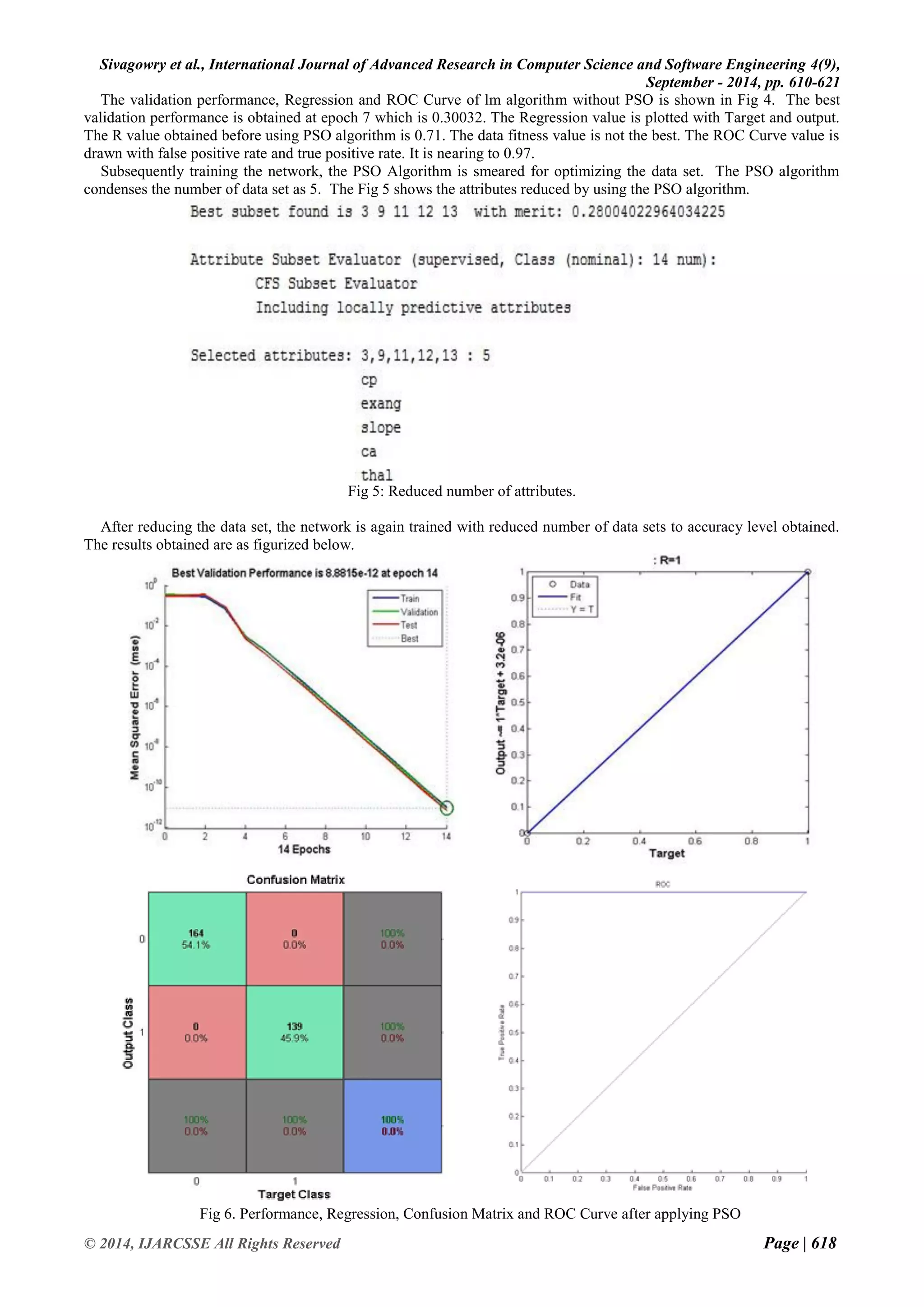 Sivagowry et al., International Journal of Advanced Research in Computer Science and Software Engineering 4(9), 
September - 2014, pp. 610-621 
© 2014, IJARCSSE All Rights Reserved Page | 618 
The validation performance, Regression and ROC Curve of lm algorithm without PSO is shown in Fig 4. The best validation performance is obtained at epoch 7 which is 0.30032. The Regression value is plotted with Target and output. The R value obtained before using PSO algorithm is 0.71. The data fitness value is not the best. The ROC Curve value is drawn with false positive rate and true positive rate. It is nearing to 0.97. Subsequently training the network, the PSO Algorithm is smeared for optimizing the data set. The PSO algorithm condenses the number of data set as 5. The Fig 5 shows the attributes reduced by using the PSO algorithm. Fig 5: Reduced number of attributes. 
After reducing the data set, the network is again trained with reduced number of data sets to accuracy level obtained. The results obtained are as figurized below. Fig 6. Performance, Regression, Confusion Matrix and ROC Curve after applying PSO  