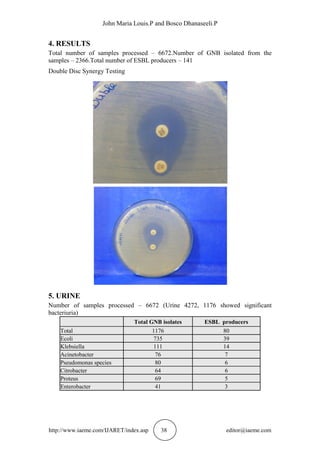 John Maria Louis.P and Bosco Dhanaseeli.P
http://www.iaeme.com/IJARET/index.asp 38 editor@iaeme.com
4. RESULTS
Total number of samples processed – 6672.Number of GNB isolated from the
samples – 2366.Total number of ESBL producers – 141
Double Disc Synergy Testing
5. URINE
Number of samples processed – 6672 (Urine 4272, 1176 showed significant
bacteriuria)
Total GNB isolates ESBL producers
Total 1176 80
Ecoli 735 39
Klebsiella 111 14
Acinetobacter 76 7
Pseudomonas species 80 6
Citrobacter 64 6
Proteus 69 5
Enterobacter 41 3
 