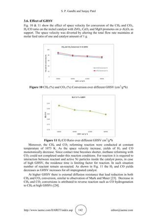 S. P. Gandhi and Sanjay Patel
http://www.iaeme.com/IJARET/index.asp 142 editor@iaeme.com
3.6. Effect of GHSV
Fig. 10 & 11 show the effect of space velocity for conversion of the CH4 and CO2,
H2/CO ratio on the nickel catalyst with ZrO2, CeO2 and MgO promotes on -Al2O3 as
support. The space velocity was diverted by altering the total flow rate maintains at
molar feed ratio of one and catalyst amount of 1 g.
Figure 10 CH4 (%) and CO2 (%) Conversion over different GHSV (cm3
/g*h)
Figure 11 H2/CO Ratio over different GHSV cm3
/g*h
Moreover, the CH4 and CO2 reforming reaction were conducted at constant
temperature of 1073 K. As the space velocity increase, yields of H2 and CO
monotonically decrease. Since contact time becomes shorter, methane reforming with
CO2 could not completed under this reaction conditions. For reaction it is required to
interaction between reactant and active Ni particles inside the catalyst pores, in case
of high GHSV, the residence time is limiting factor for reaction. In such situation
number of reactant remain un-reacted. As shown in Fig. 11 the H2 and CO yields
decreases as GHSV increases for all impregnated catalyst.
At higher GHSV there is external diffusion resistance that lead reduction in both
CH4 and CO2 conversion, similar to observation of Mark and Maier [23]. Decrease in
CH4 and CO2 conversions is attributed to reverse reaction such as CO hydrogenation
to CH4 at high GHSVs [24].
 
