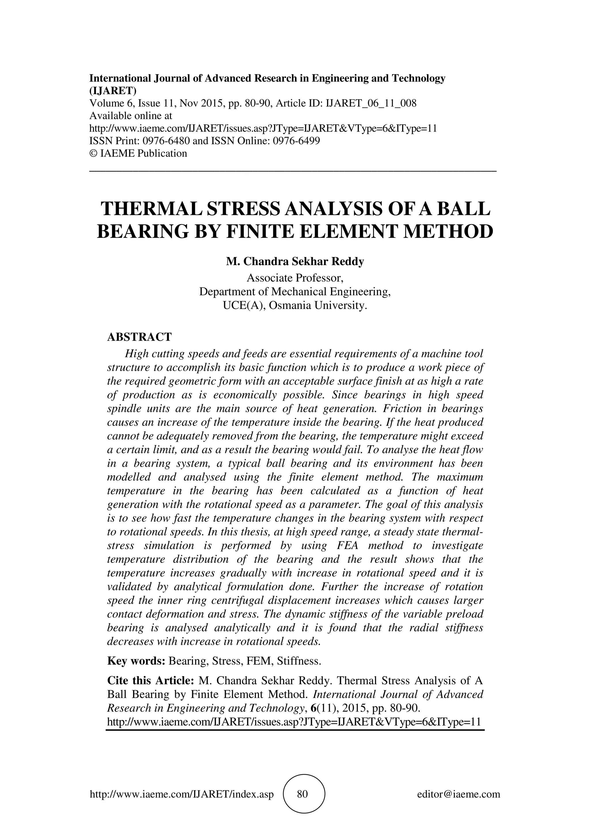 THERMAL STRESS ANALYSIS OF A BALL BEARING BY FINITE ELEMENT METHOD | PDF