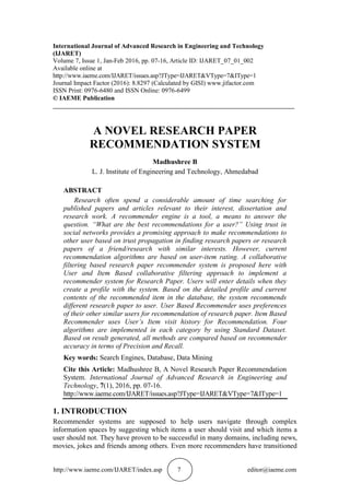 A NOVEL RESEARCH PAPER RECOMMENDATION SYSTEM | PDF