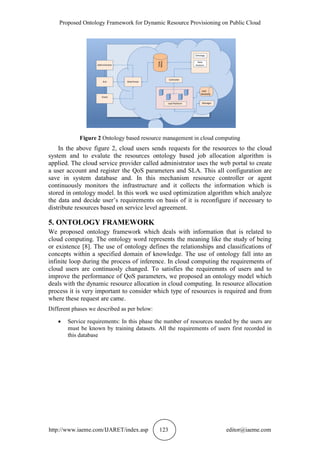 Proposed Ontology Framework for Dynamic Resource Provisioning on Public Cloud
http://www.iaeme.com/IJARET/index.asp 123 editor@iaeme.com
Figure 2 Ontology based resource management in cloud computing
In the above figure 2, cloud users sends requests for the resources to the cloud
system and to evalute the resources ontology based job allocation algorithm is
applied. The cloud service provider called administrator uses the web portal to create
a user account and register the QoS parameters and SLA. This all configuration are
save in system database and. In this mechanism resource controller or agent
continuously monitors the infrastructure and it collects the information which is
stored in ontology model. In this work we used optimization algorithm which analyze
the data and decide user’s requirements on basis of it is reconfigure if necessary to
distribute resources based on service level agreement.
5. ONTOLOGY FRAMEWORK
We proposed ontology framework which deals with information that is related to
cloud computing. The ontology word represents the meaning like the study of being
or existence [8]. The use of ontology defines the relationships and classifications of
concepts within a specified domain of knowledge. The use of ontology fall into an
infinite loop during the process of inference. In cloud computing the requirements of
cloud users are continuosly changed. To satisfies the requiremnts of users and to
improve the performance of QoS parameters, we proposed an ontology model which
deals with the dynamic resource allocation in cloud computing. In resource allocation
process it is very important to consider which type of resources is required and from
where these request are came.
Different phases we described as per below:
 Service requirements: In this phase the number of resources needed by the users are
must be known by training datasets. All the requirements of users first recorded in
this database
 
