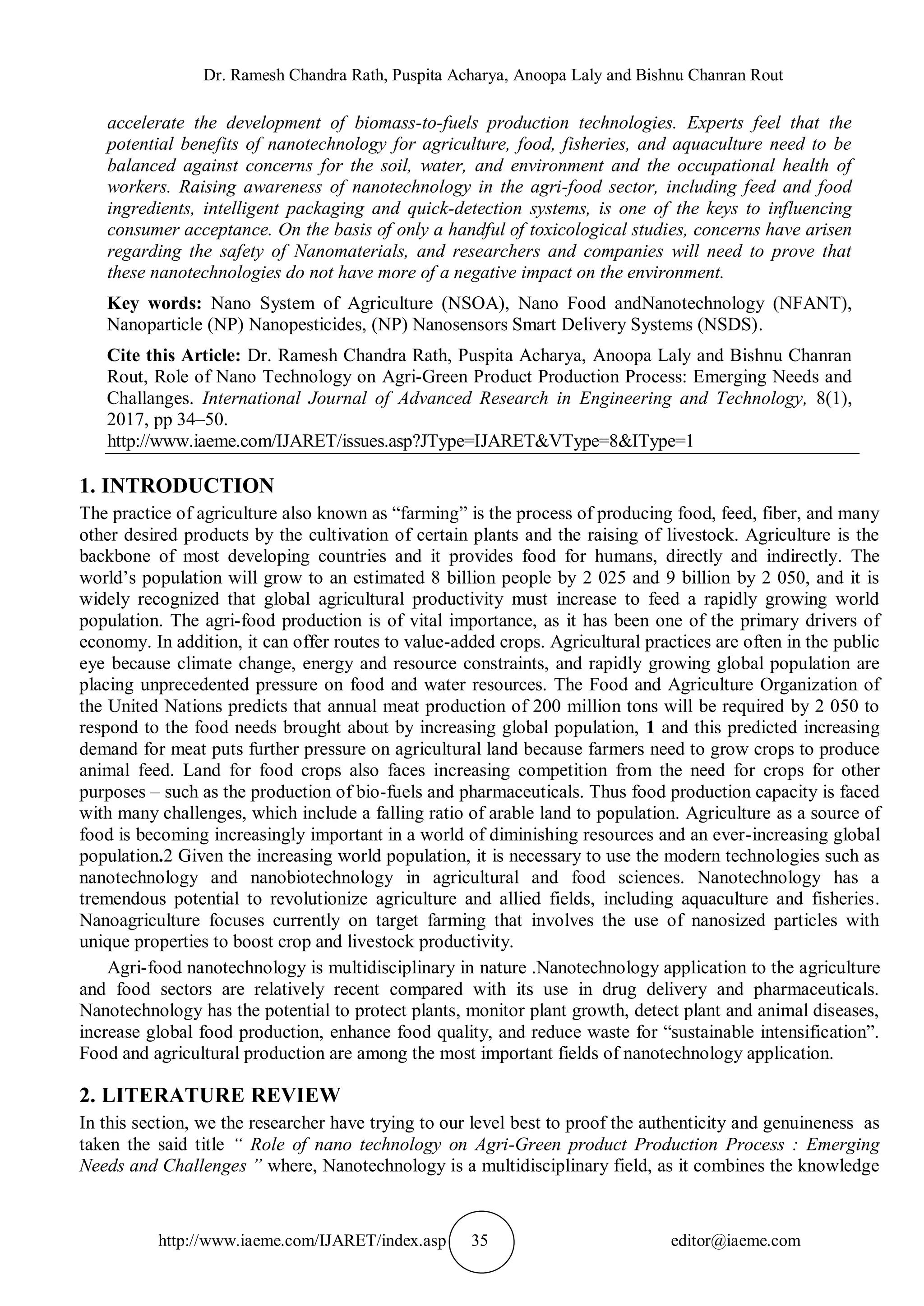 ROLE OF NANO TECHNOLOGY ON AGRI-GREEN PRODUCT PRODUCTION PROCESS ...